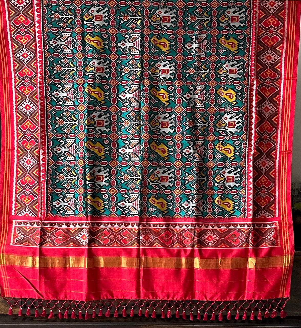 Handloom Teal and Red Mulberry Silk Ikat Patola Dupatta with Nari Kunjar Theme