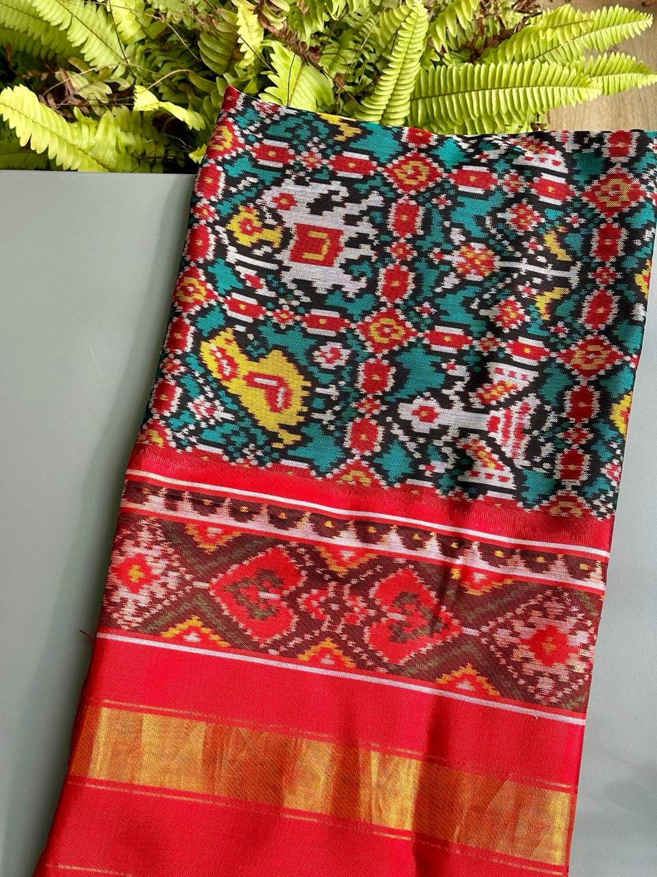 Handloom Teal and Red Mulberry Silk Ikat Patola Dupatta with Nari Kunjar Theme