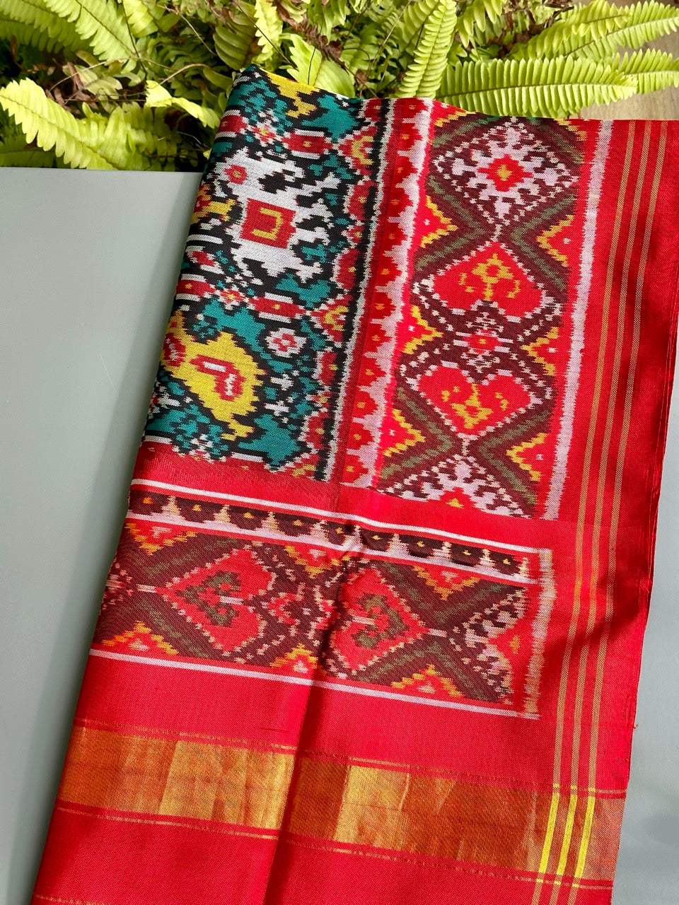 Handloom Teal and Red Mulberry Silk Ikat Patola Dupatta with Nari Kunjar Theme