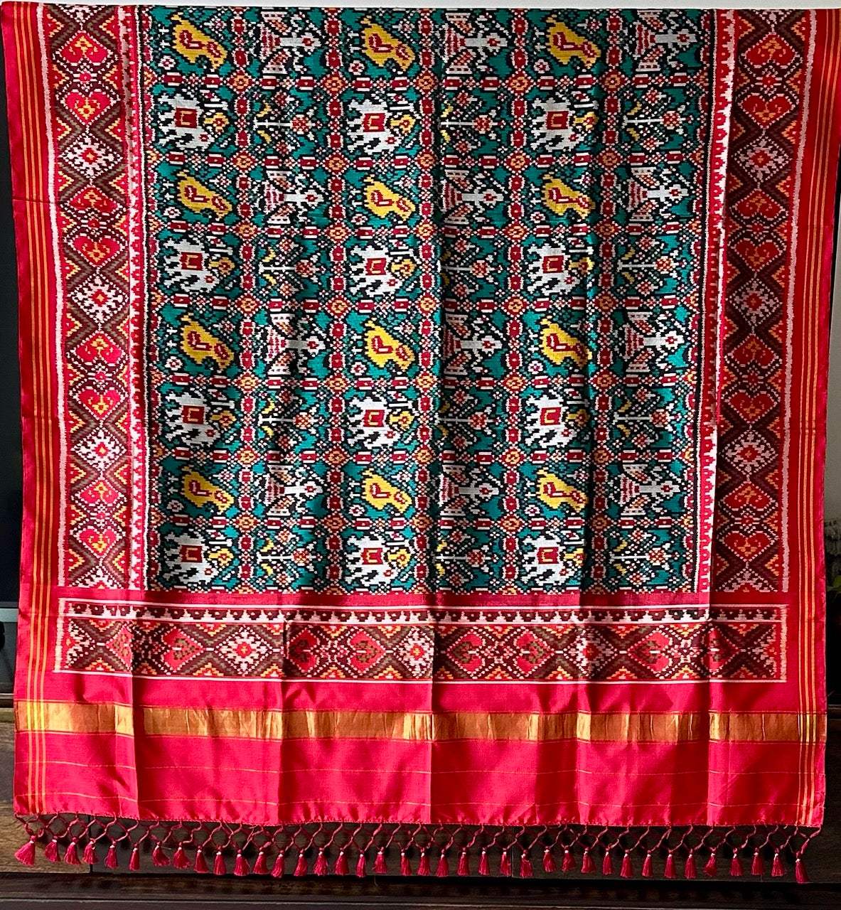 Handloom Teal and Red Mulberry Silk Ikat Patola Dupatta with Nari Kunjar Theme