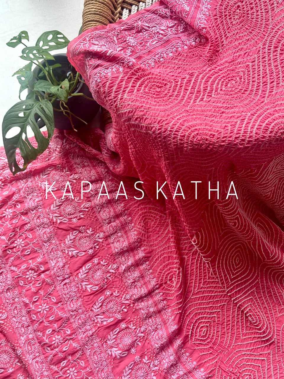 Pure Georgette Bandhani Dupatta with Lucknowi Chikankari | Kapaas Katha