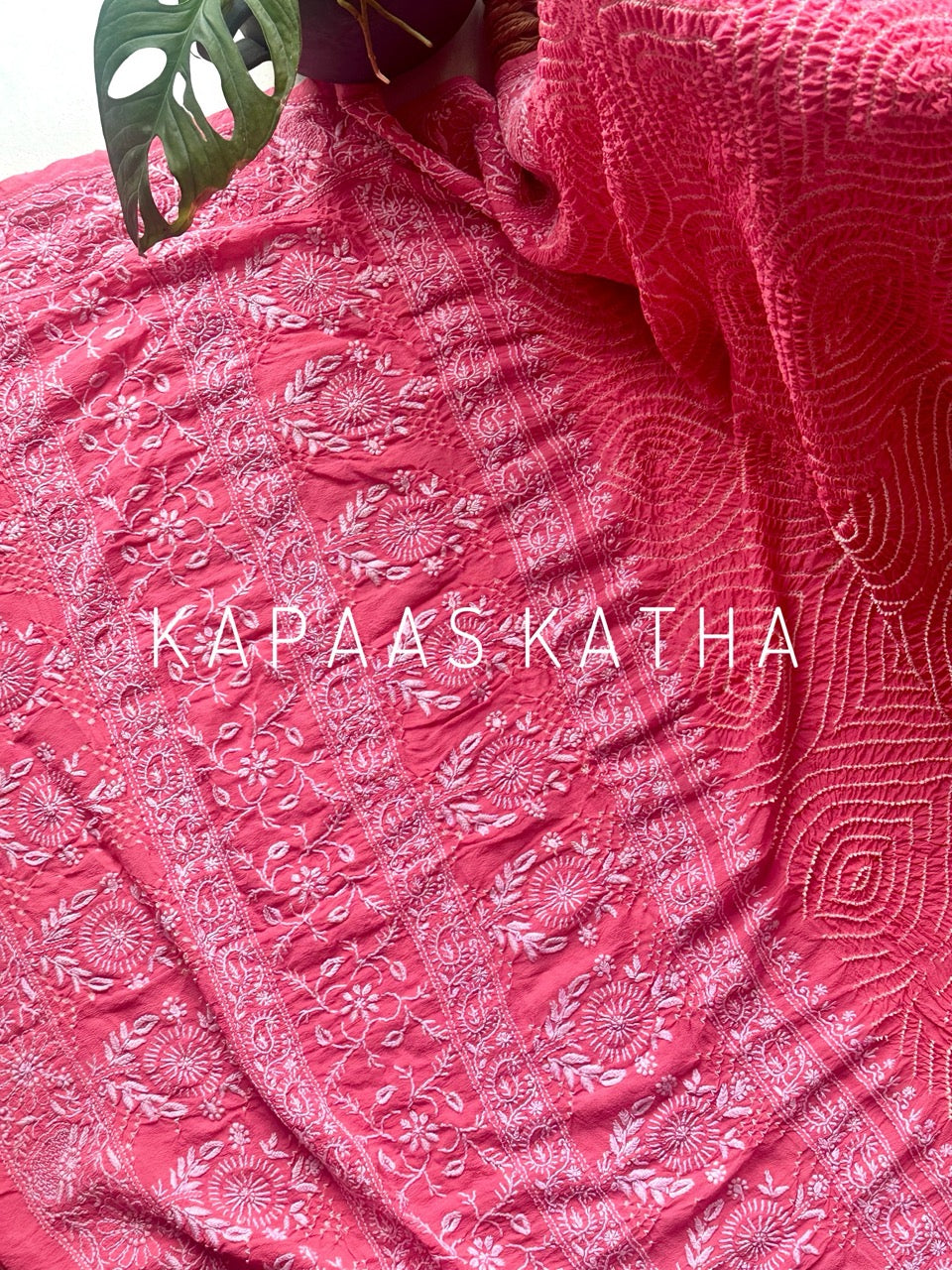 Pure Georgette Bandhani Dupatta with Lucknowi Chikankari | Kapaas Katha