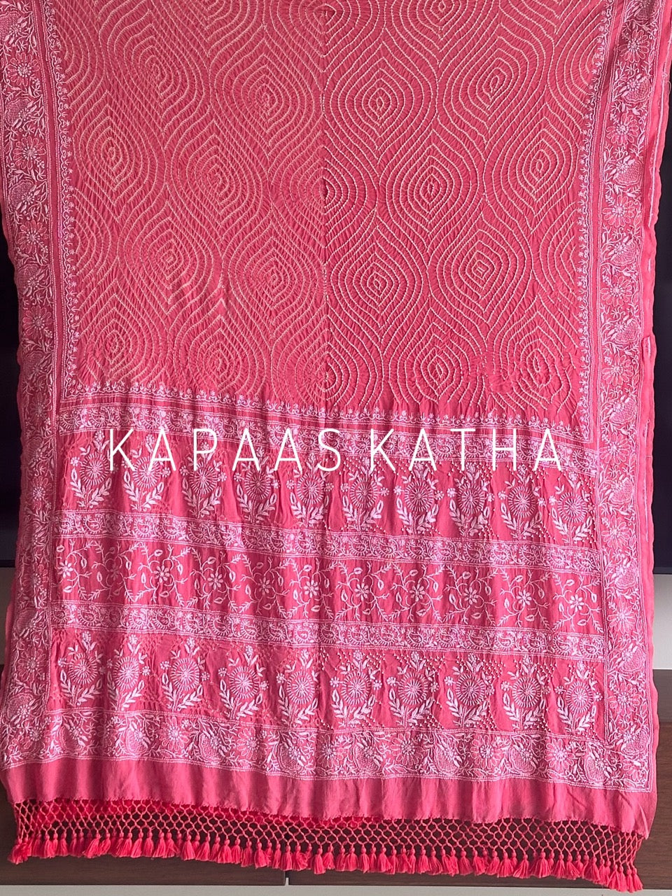 Pure Georgette Bandhani Dupatta with Lucknowi Chikankari | Kapaas Katha
