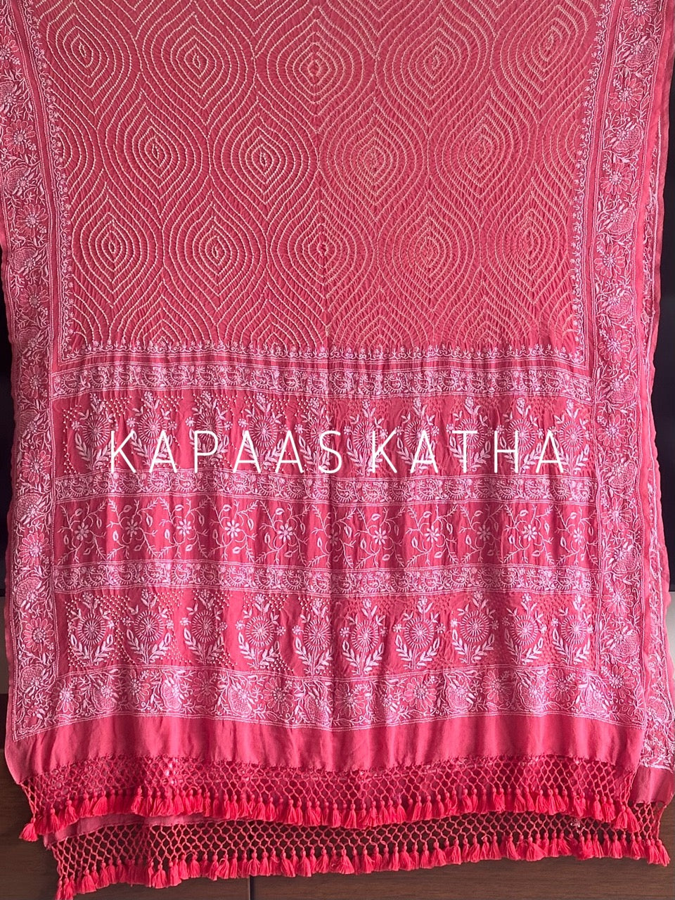 Pure Georgette Bandhani Dupatta with Lucknowi Chikankari | Kapaas Katha