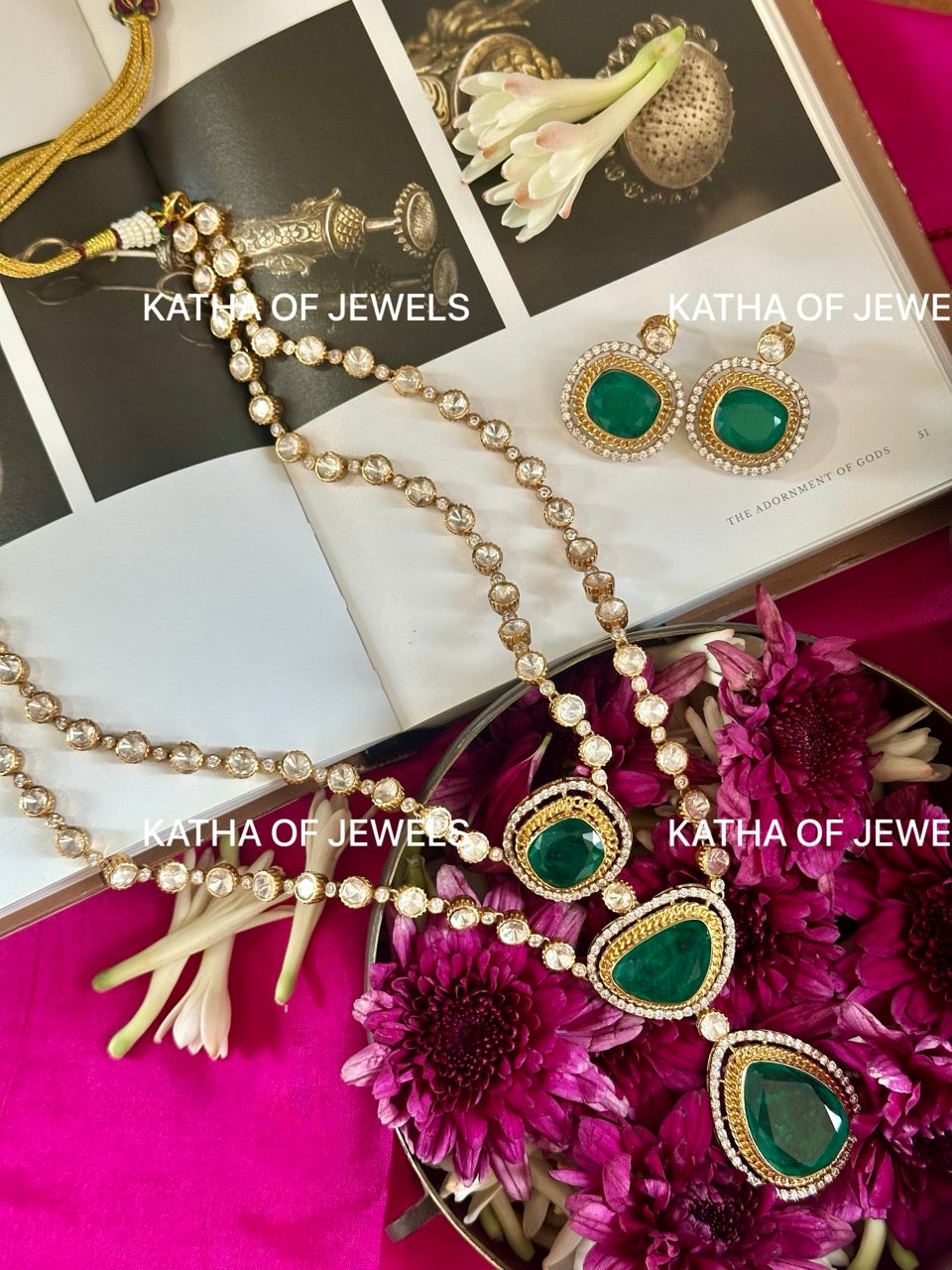 Emerald Tiered Moissanite Polki Necklace Set | Katha of Jewels