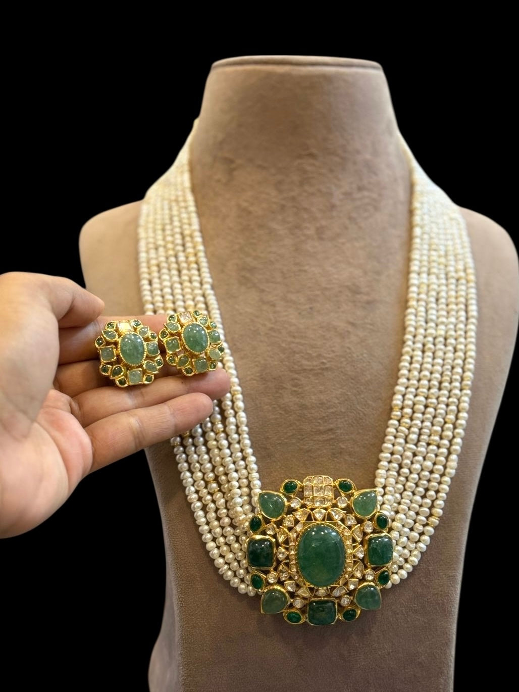 The Maharani Pearl Polki Set - Handcrafted 92.5 Silver and Earrings Set