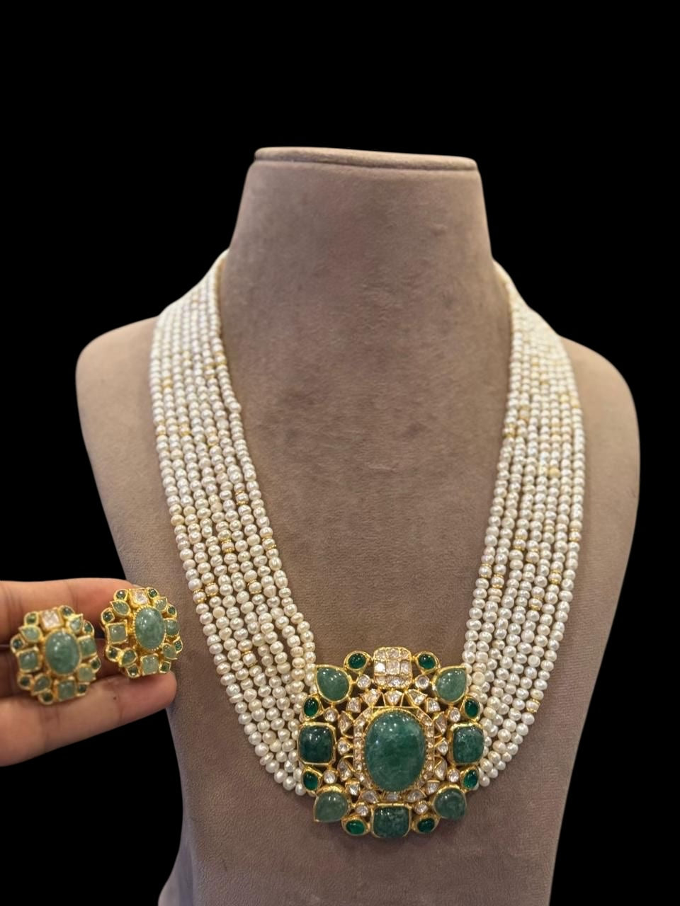 The Maharani Pearl Polki Set - Handcrafted 92.5 Silver and Earrings Set