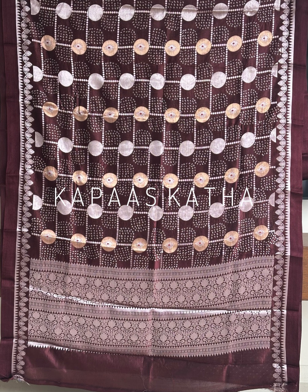 Banarasi Silk Bandhani Saree, Pure Silk Maroon Bandhani Saree, Silver Zari Bandhej Saree, Kapaas Katha Designer Sarees, Hand-Tied Silk Sarees Online
