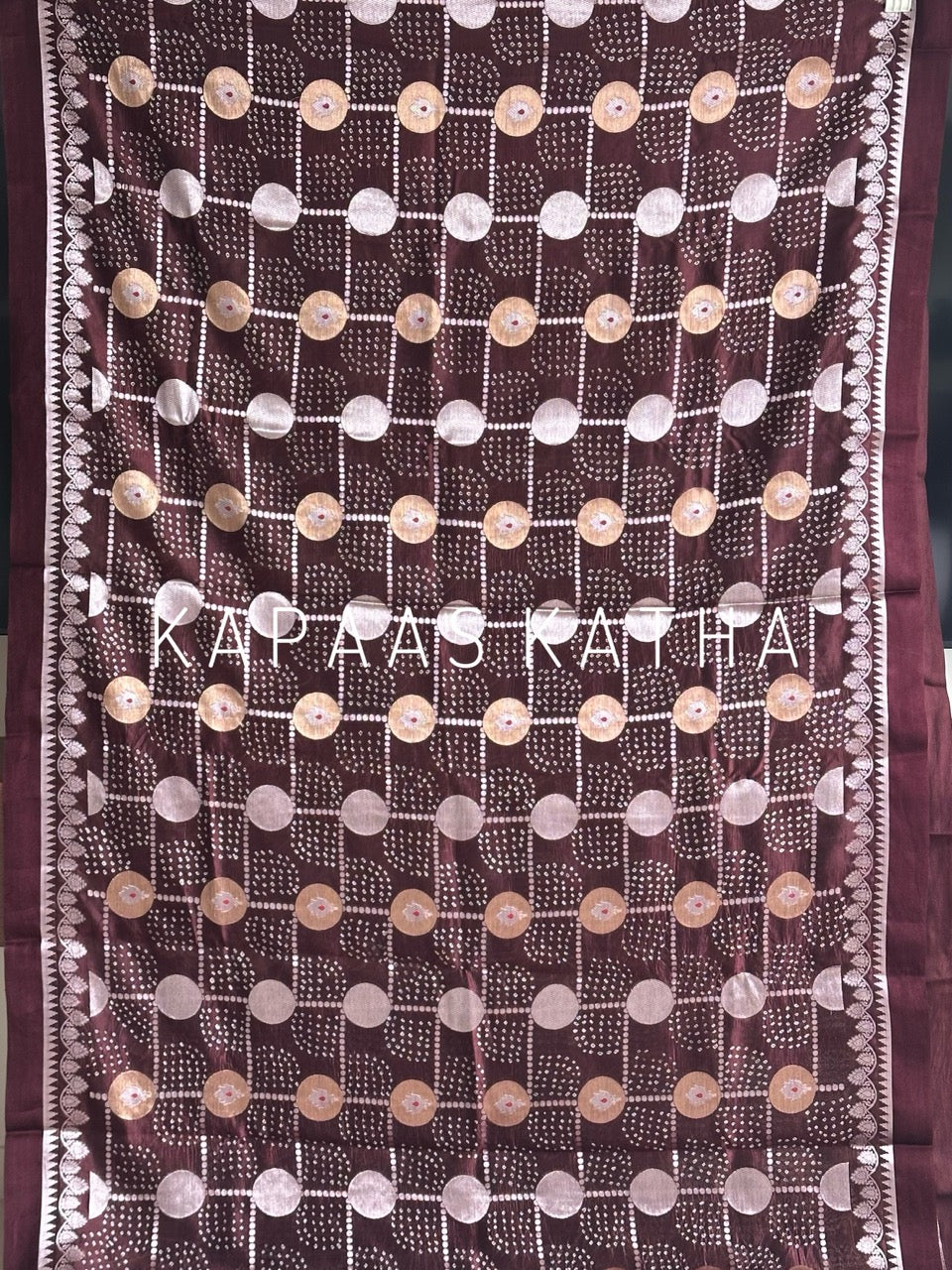 Banarasi Silk Bandhani Saree, Pure Silk Maroon Bandhani Saree, Silver Zari Bandhej Saree, Kapaas Katha Designer Sarees, Hand-Tied Silk Sarees Online