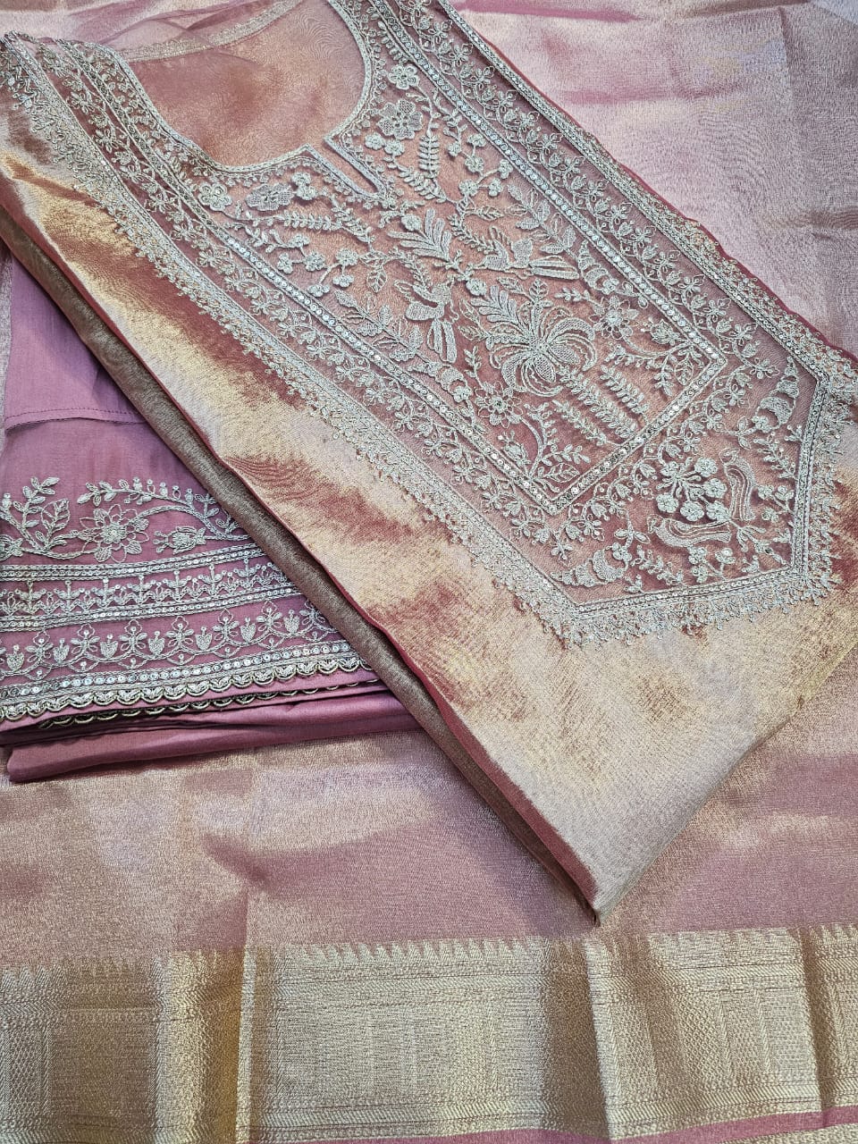 Festive Tissue Embroidered Semi Stitched Suit Set - Peach Pink