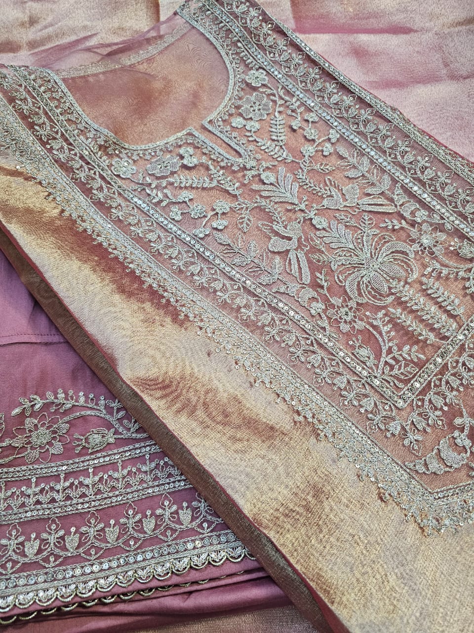 Festive Tissue Embroidered Semi Stitched Suit Set - Peach Pink