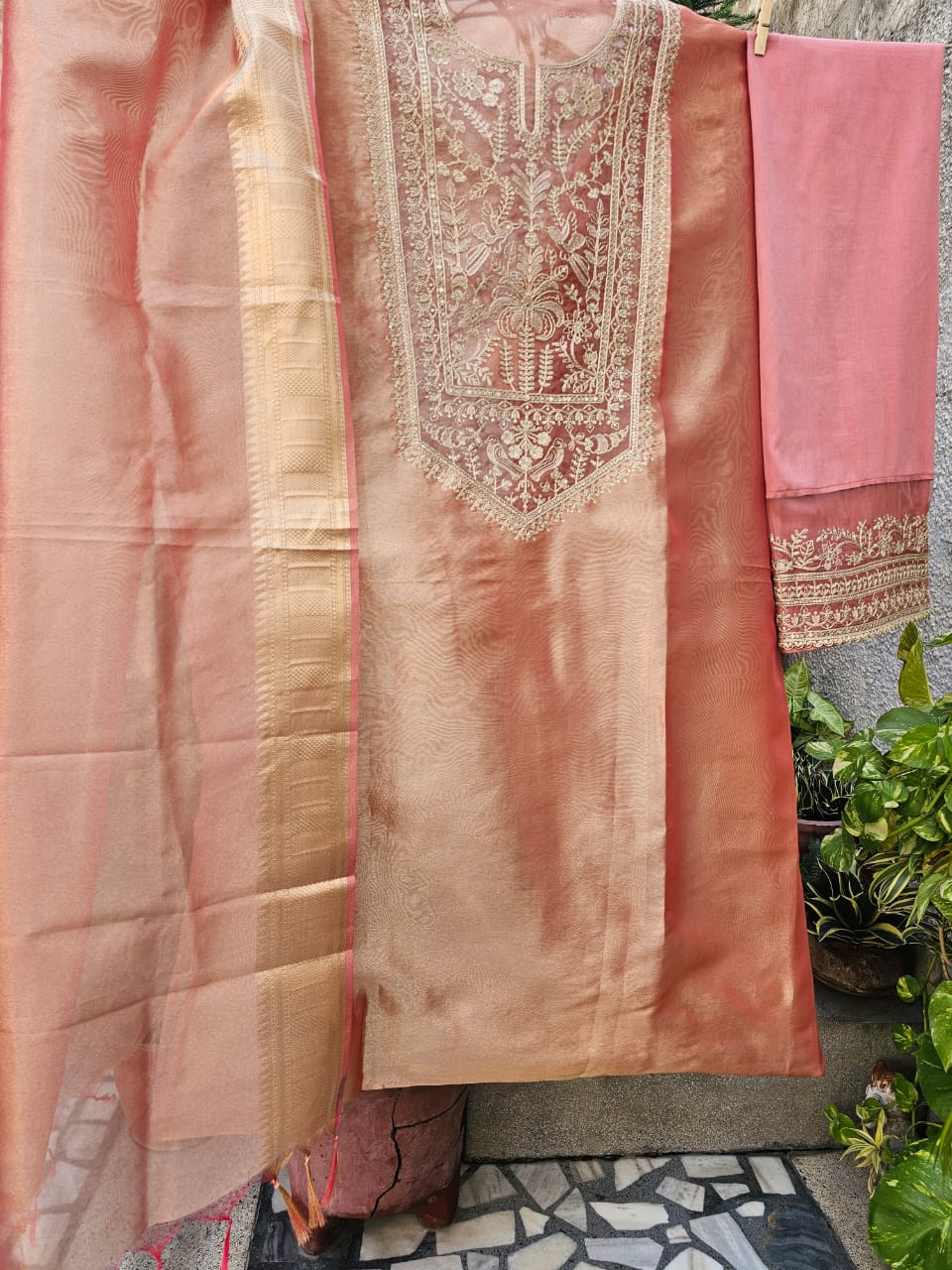 Festive Tissue Embroidered Semi Stitched Suit Set - Peach Pink
