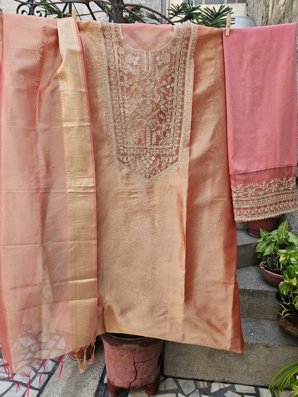 Festive Tissue Embroidered Semi Stitched Suit Set - Peach Pink