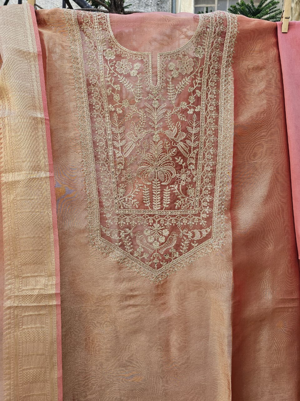 Festive Tissue Embroidered Semi Stitched Suit Set - Peach Pink