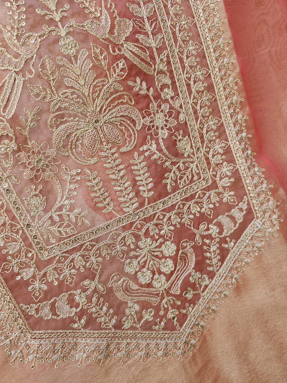 Festive Tissue Embroidered Semi Stitched Suit Set - Peach Pink