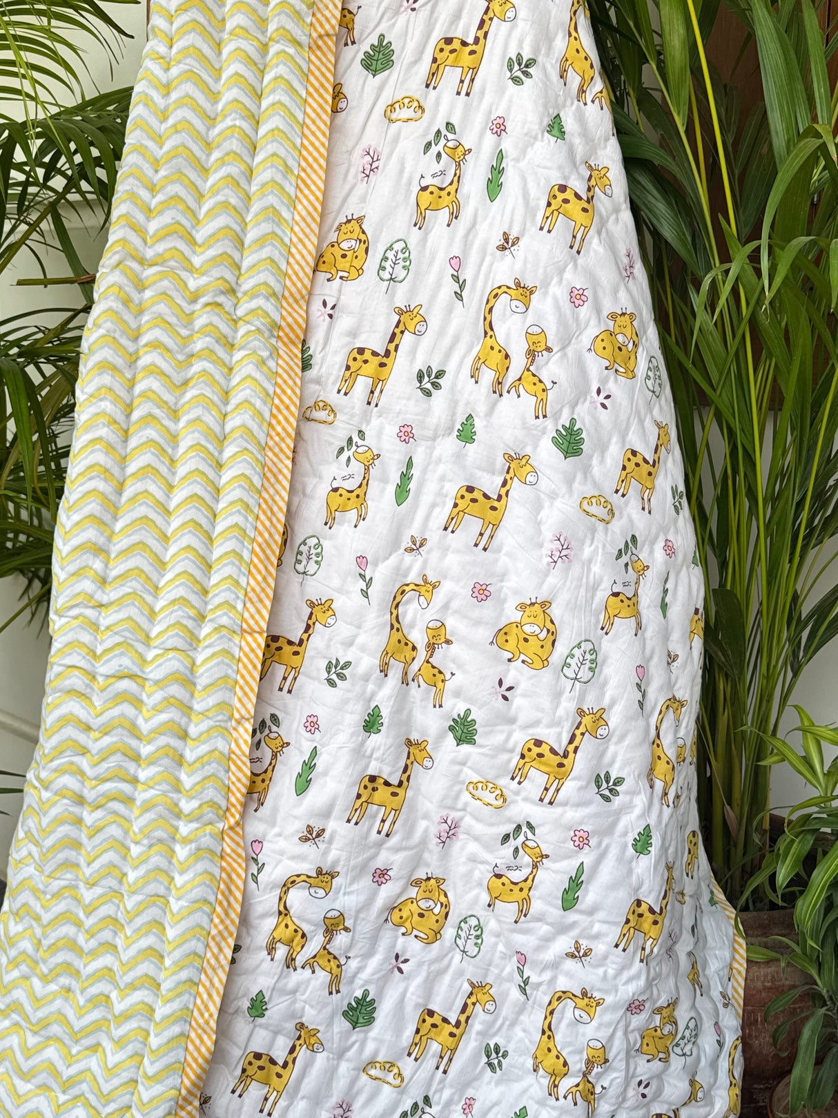 sunshine yellow giraffe themed cotton baby dohar perfect for return hampers in Kuwait and the United Kingdom