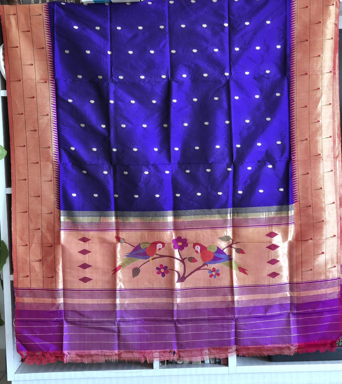 Handloom Triple Muniya Parrot Theme Deep Blue Violet Silk Paithani Dupatta