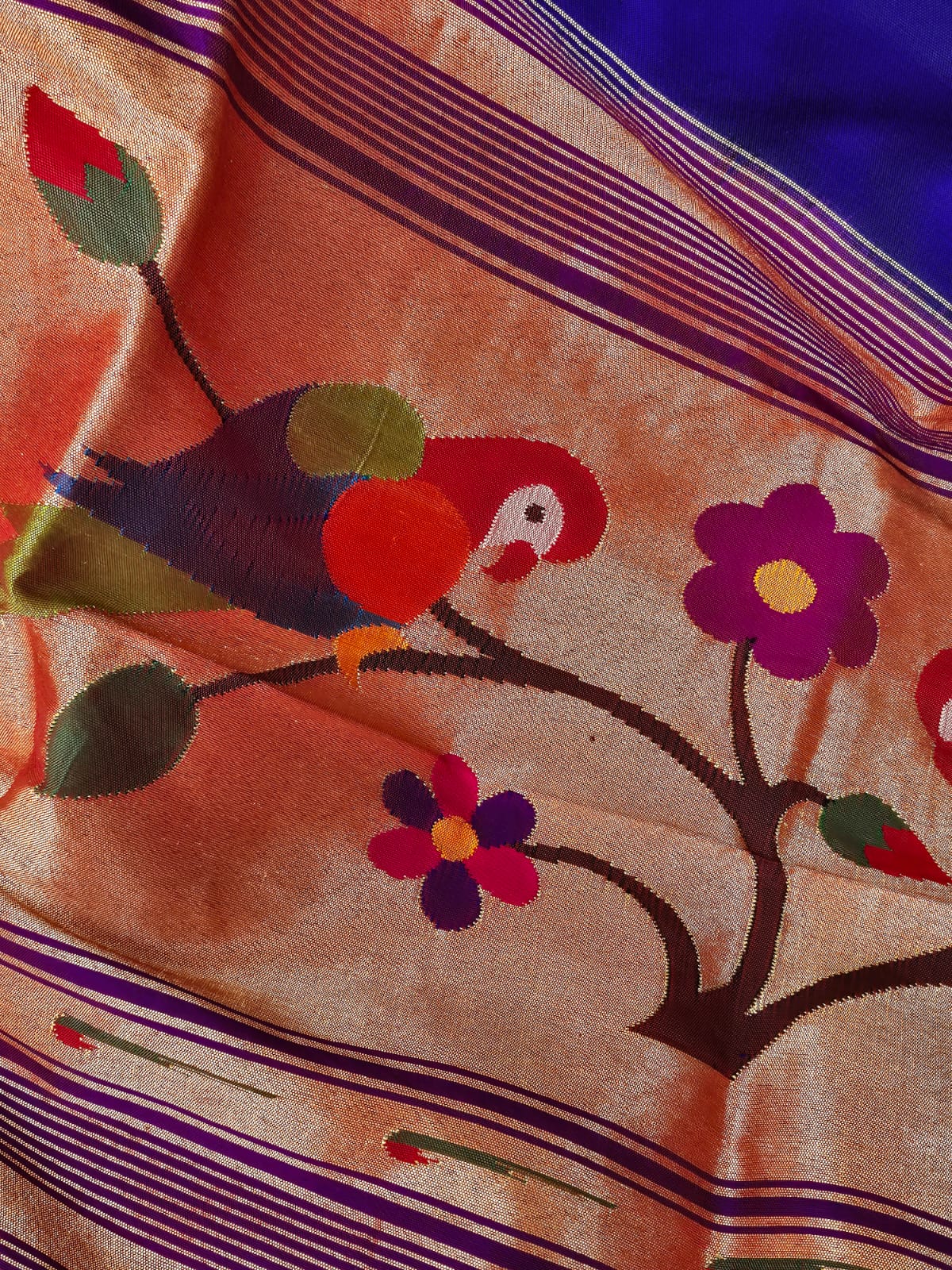 Handloom Triple Muniya Parrot Theme Deep Blue Violet Silk Paithani Dupatta