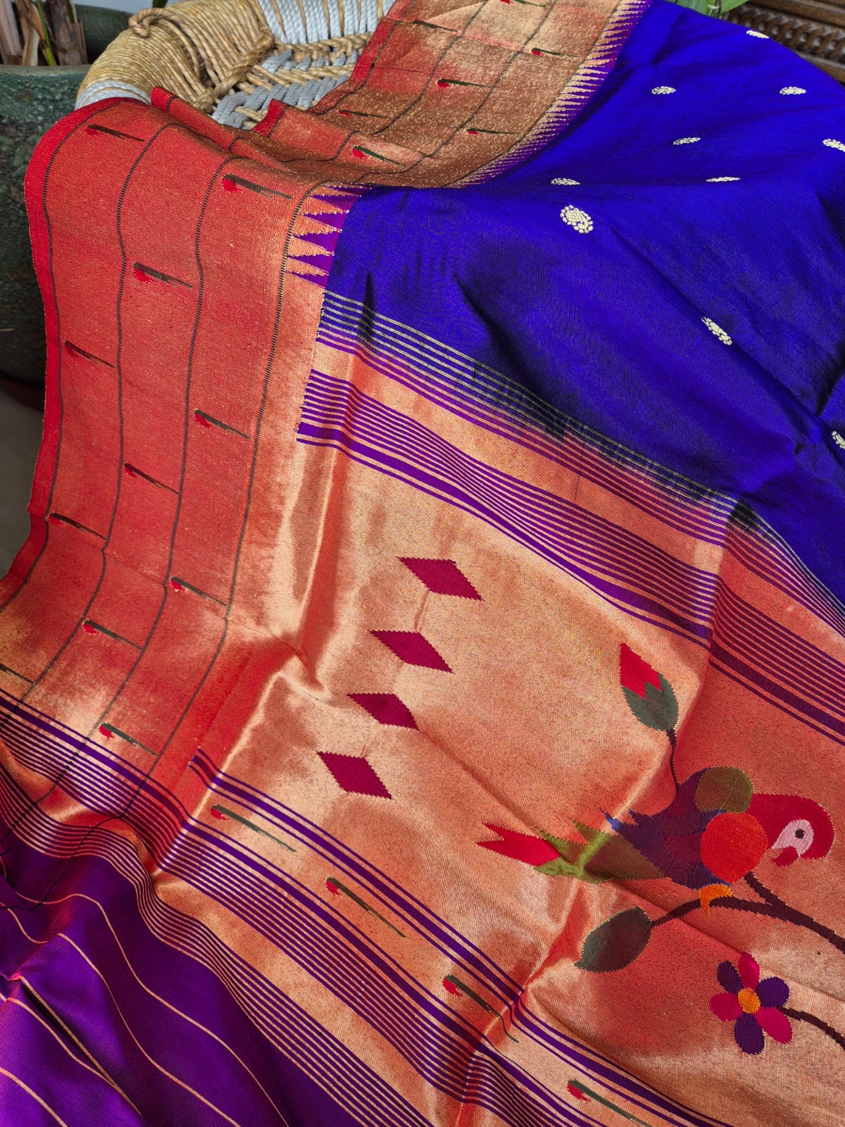 Handloom Triple Muniya Parrot Theme Deep Blue Violet Silk Paithani Dupatta