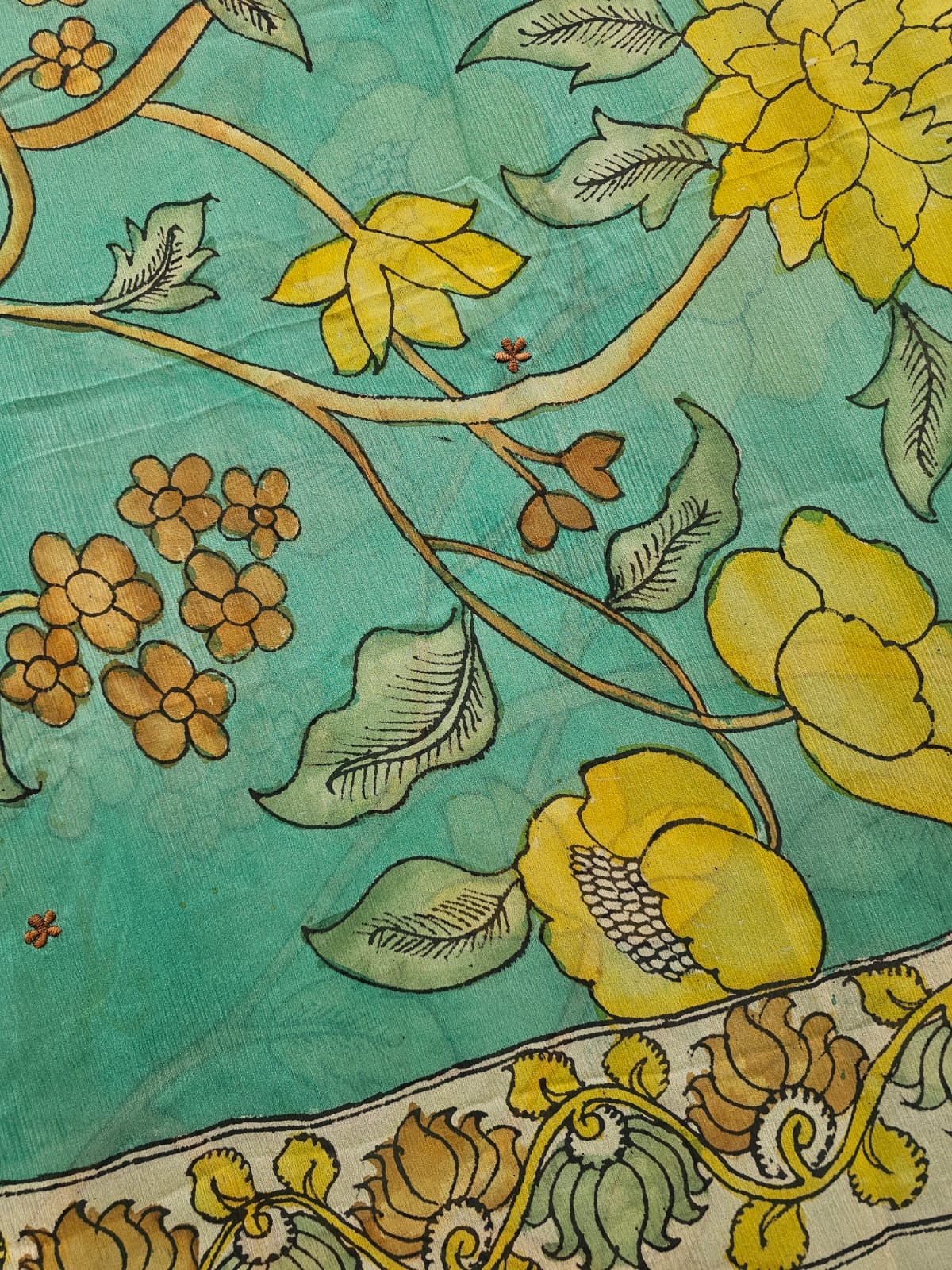 turquoise-kalamkari-chiffon-floral-art-saree