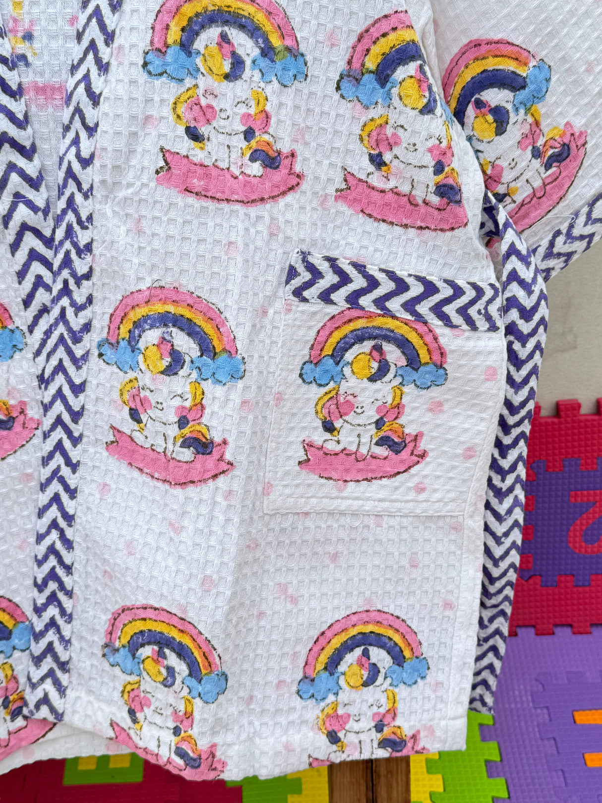 unicorn motif girls bathrobe with waffle cotton texture and personalized embroidery for parties and reseller bulk orders
