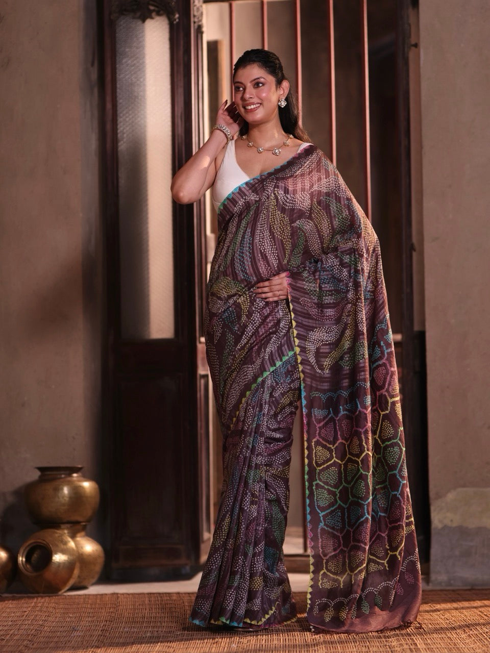 Vanraj – Brownish Mauve Munga Silk Bandhani Saree with Multicoloured Bandhej