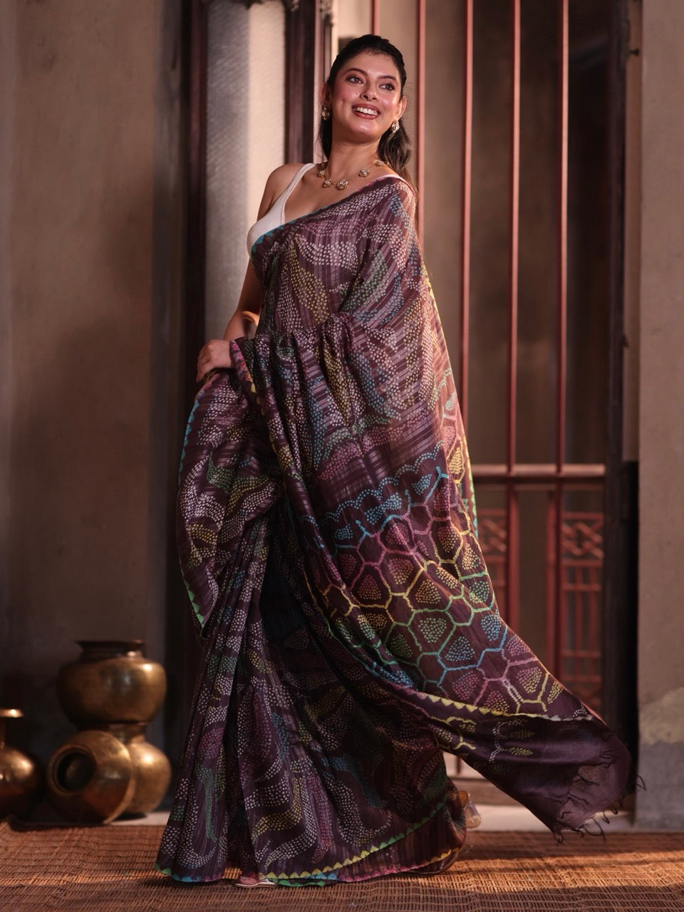 Vanraj – Brownish Mauve Munga Silk Bandhani Saree with Multicoloured Bandhej