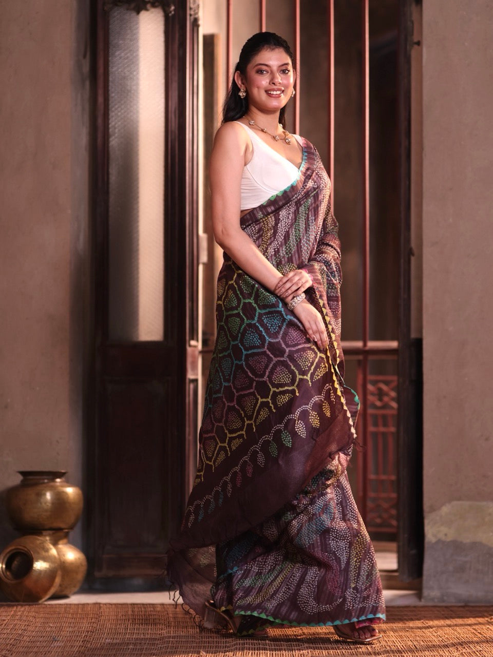 Vanraj – Brownish Mauve Munga Silk Bandhani Saree with Multicoloured Bandhej