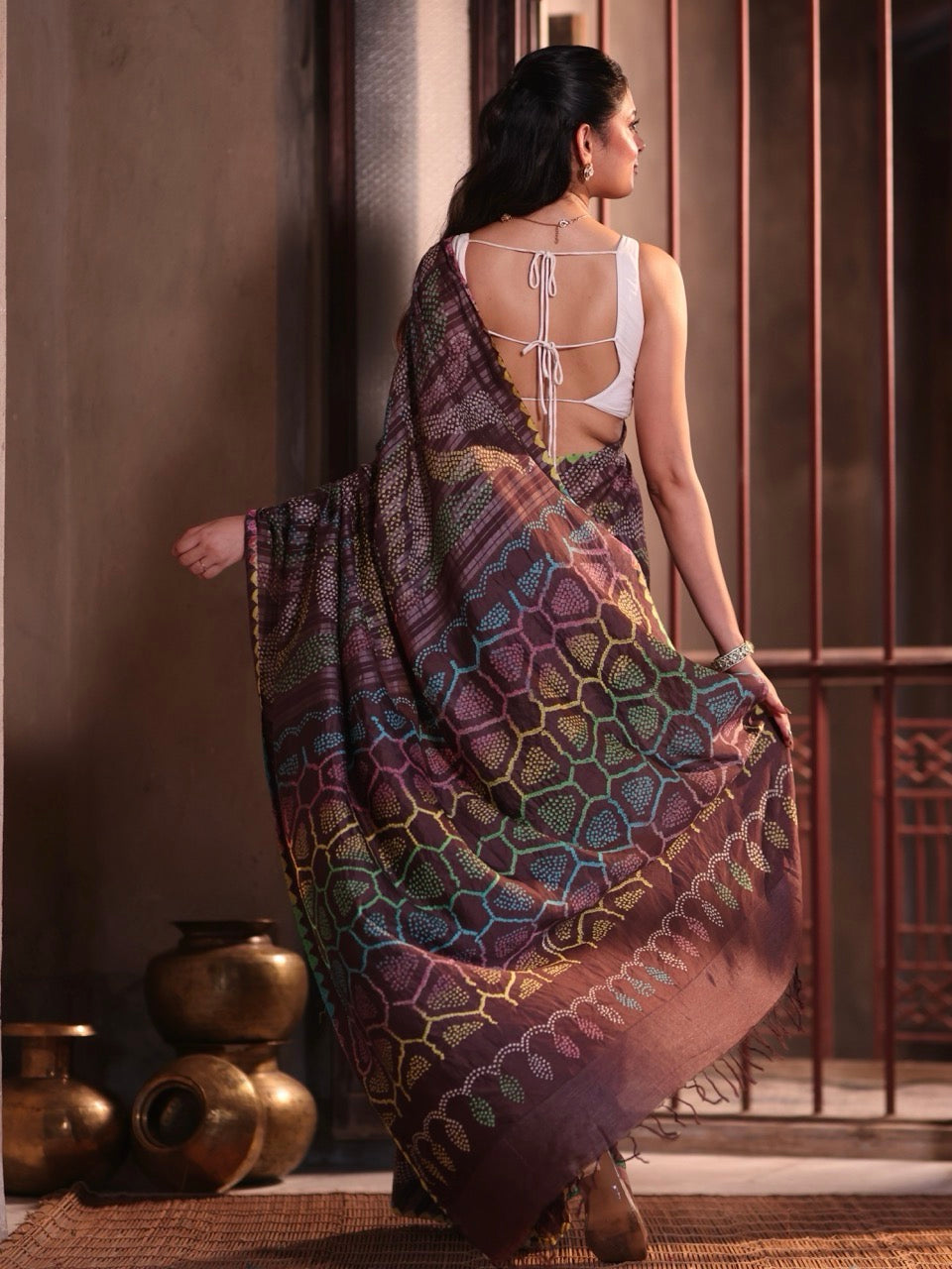 Vanraj – Brownish Mauve Munga Silk Bandhani Saree with Multicoloured Bandhej
