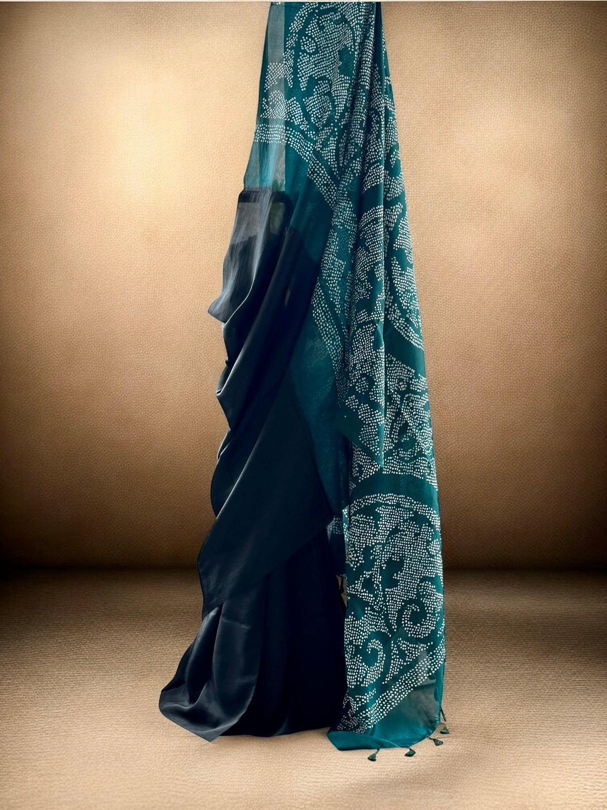very-smart-and-stylish-habotai-silk-bandhani-saree-in-black-and-teal