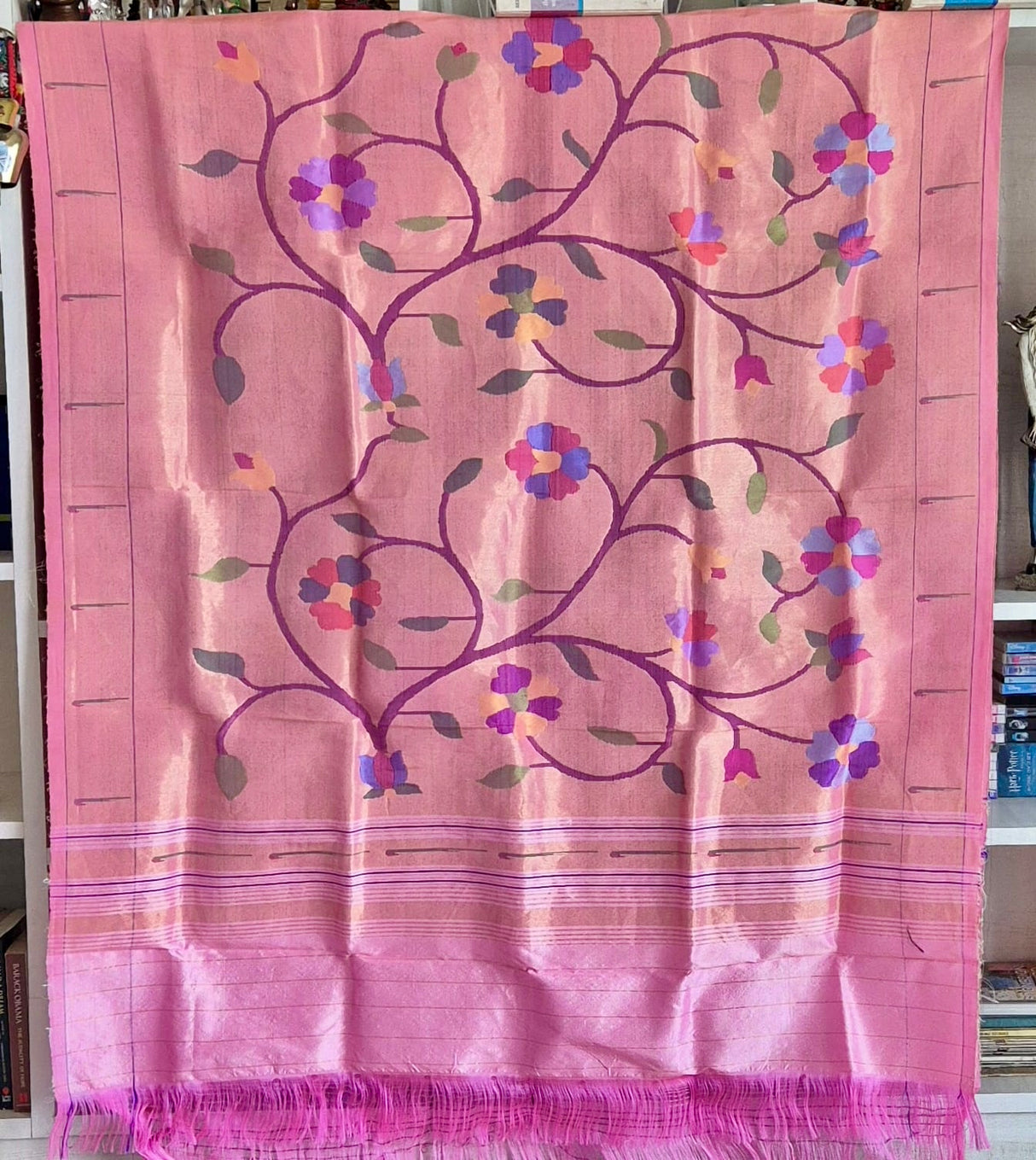Vibrant Golden and Pink Handloom Paithani Tissue Silk Dupatta