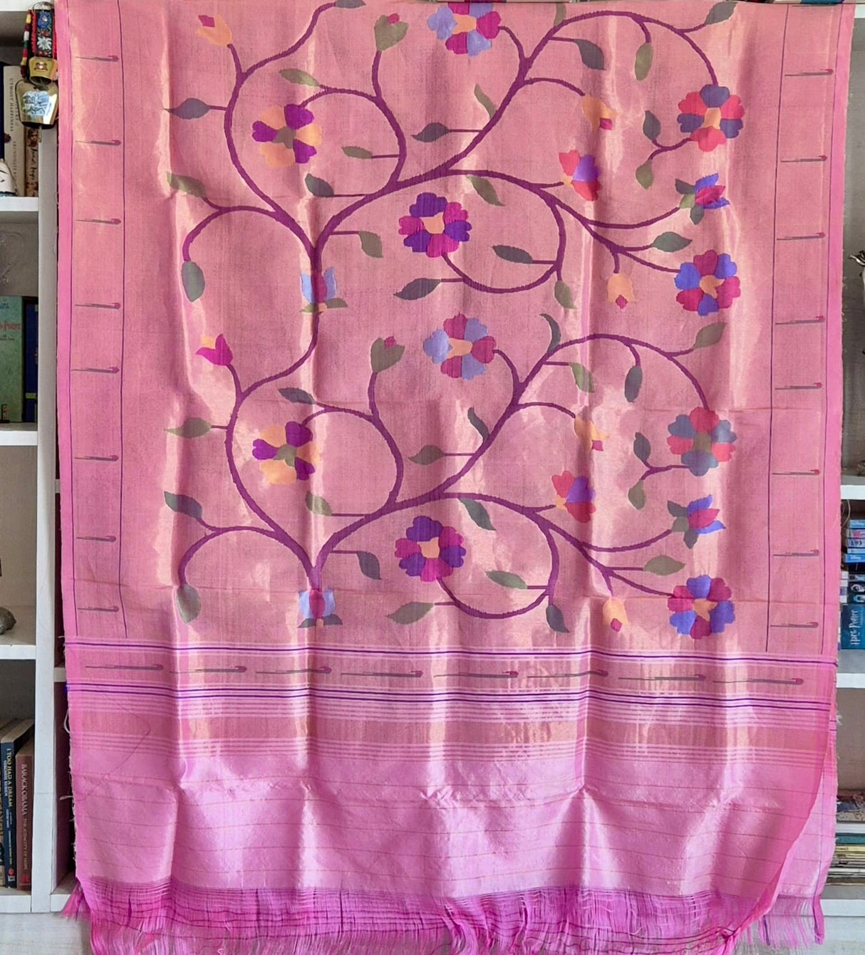 Vibrant Golden and Pink Handloom Paithani Tissue Silk Dupatta