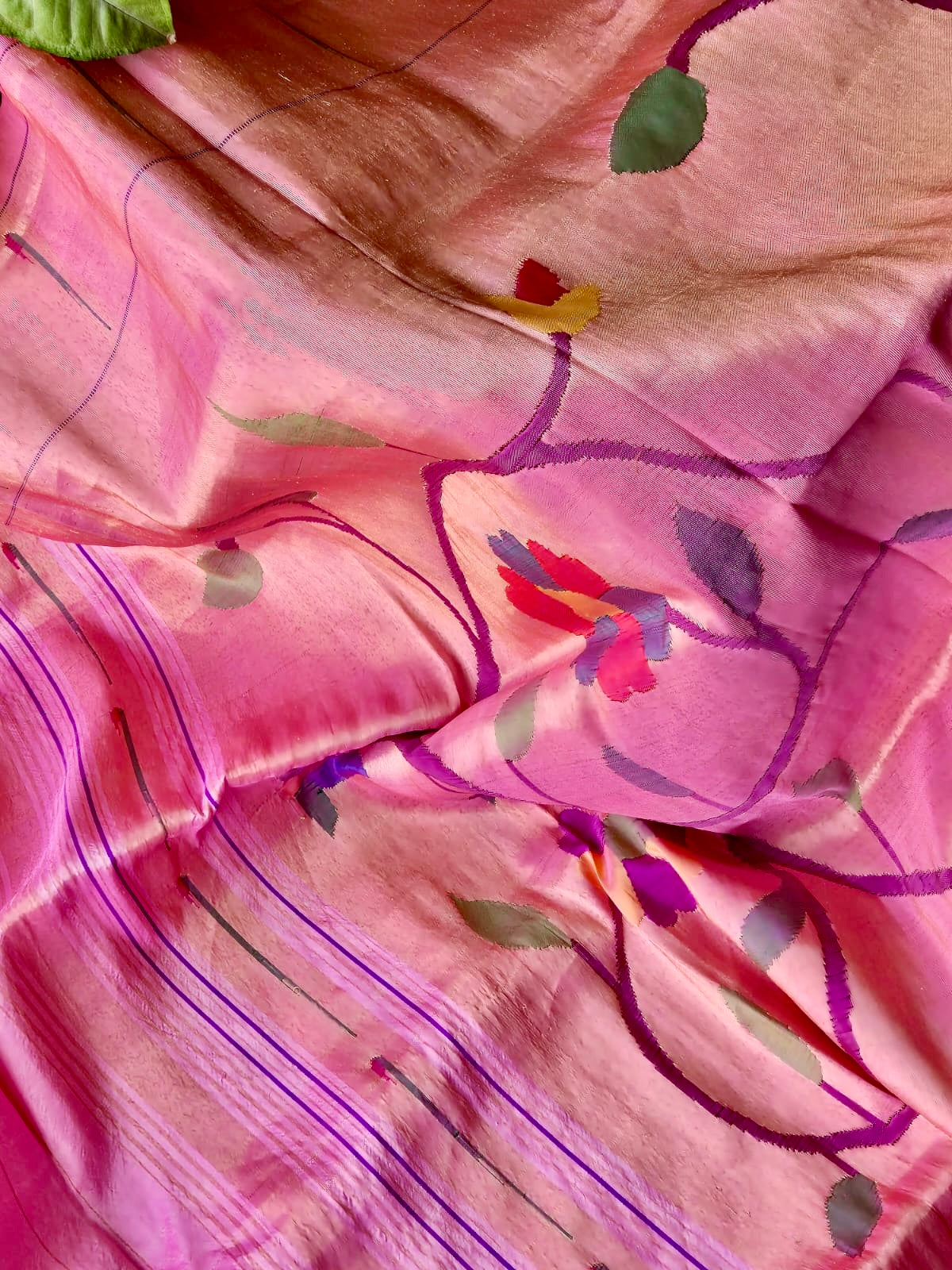 Vibrant Golden and Pink Handloom Paithani Tissue Silk Dupatta