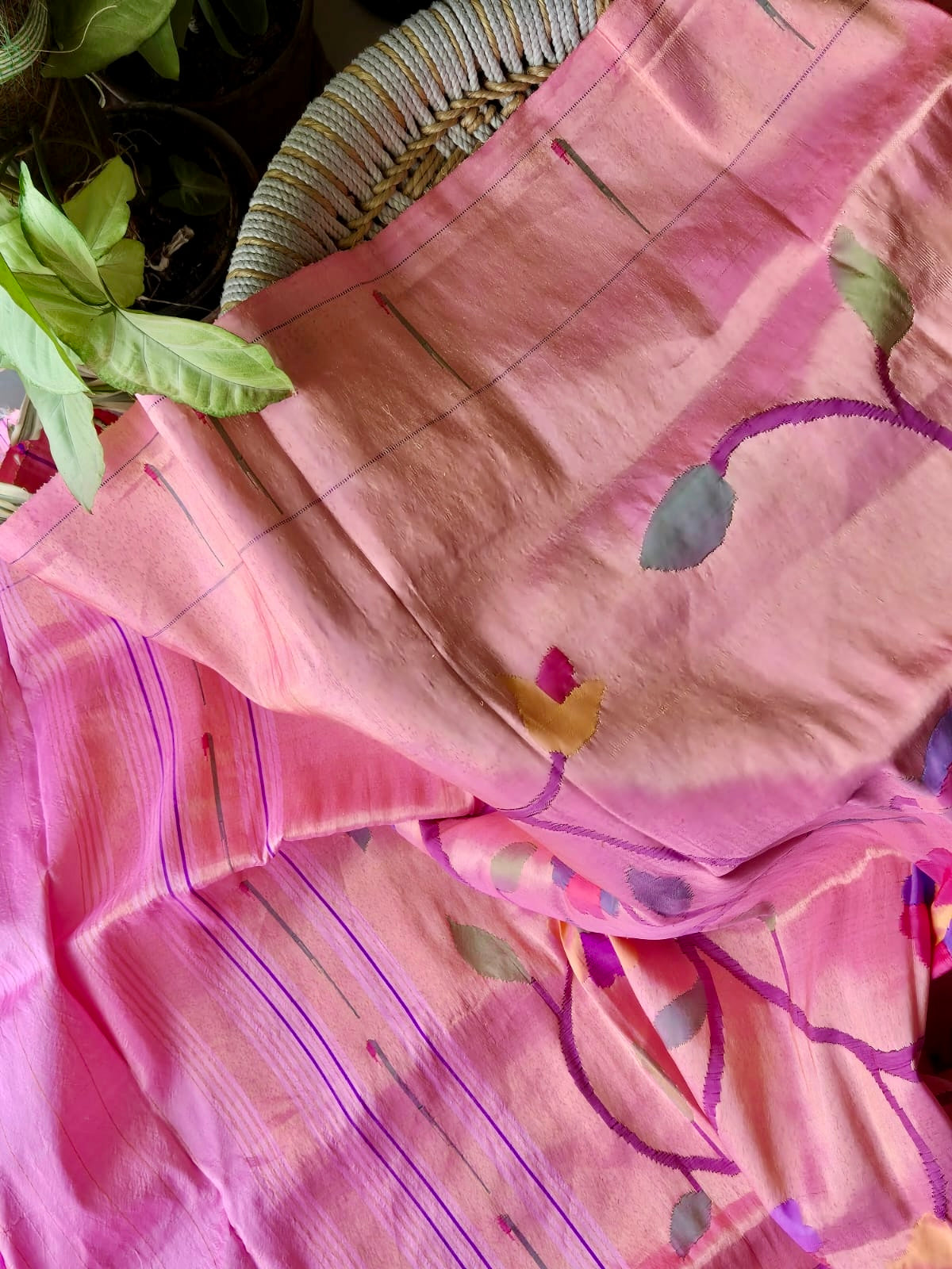 Vibrant Golden and Pink Handloom Paithani Tissue Silk Dupatta