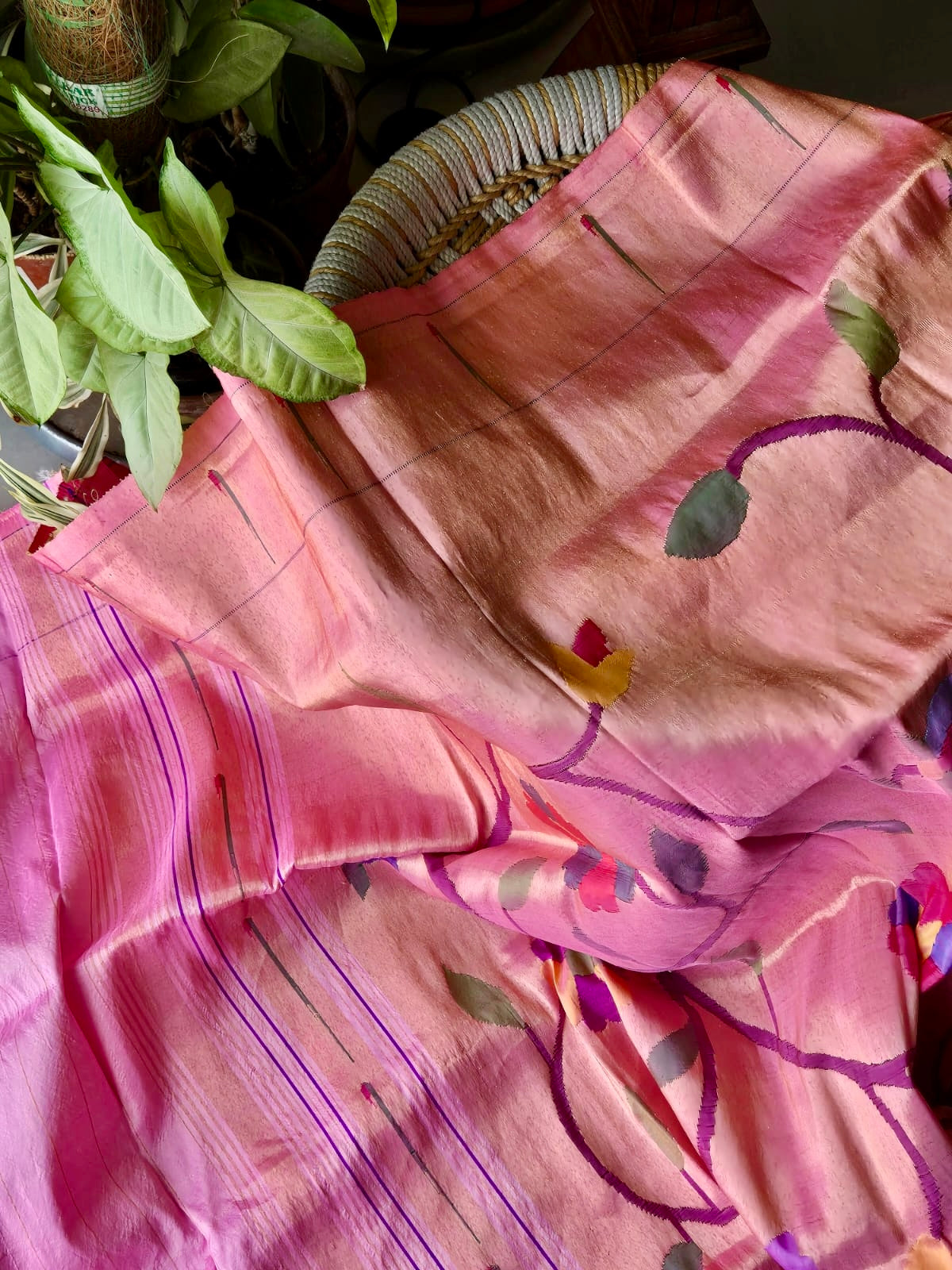 Vibrant Golden and Pink Handloom Paithani Tissue Silk Dupatta
