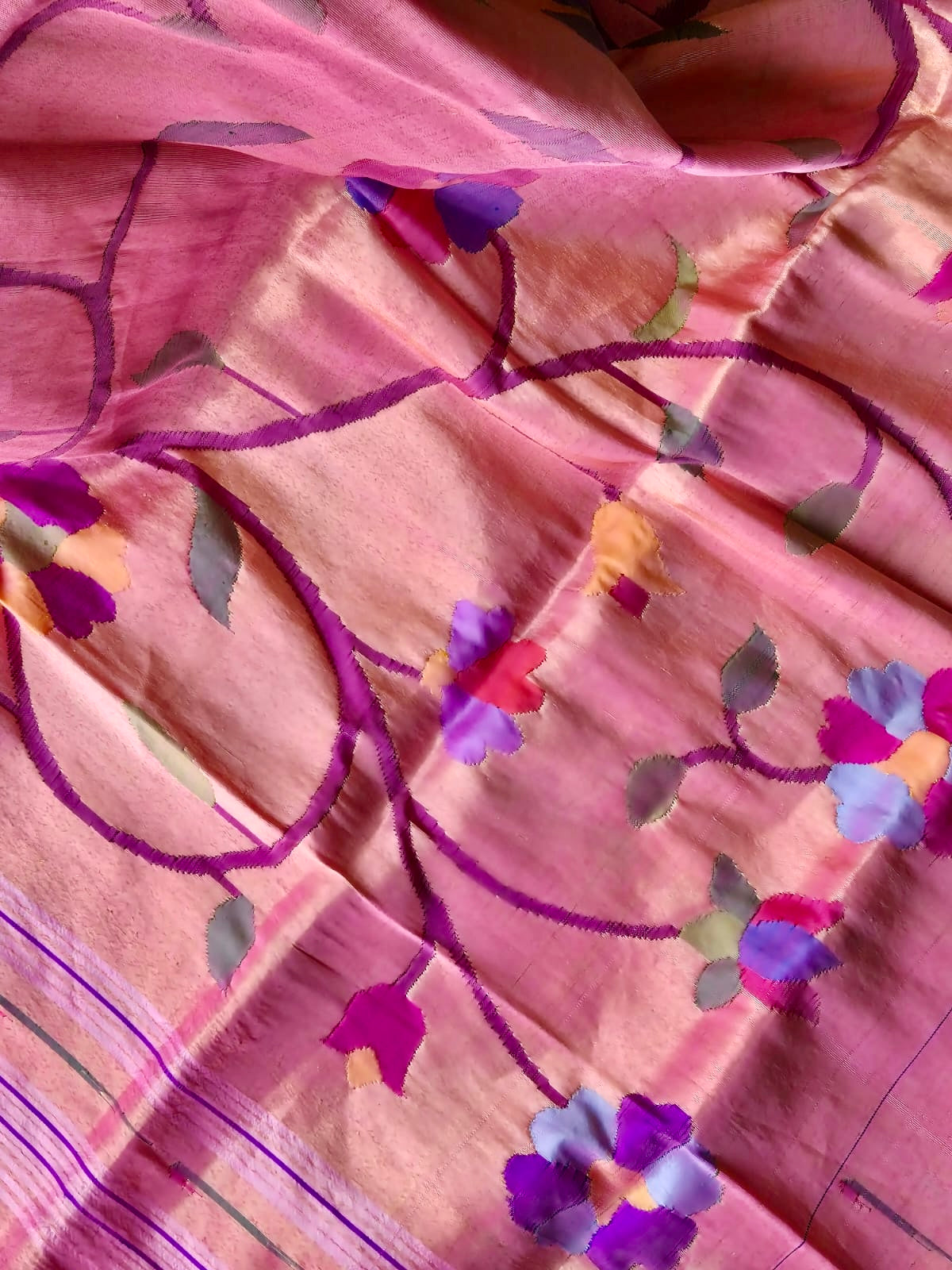 Vibrant Golden and Pink Handloom Paithani Tissue Silk Dupatta