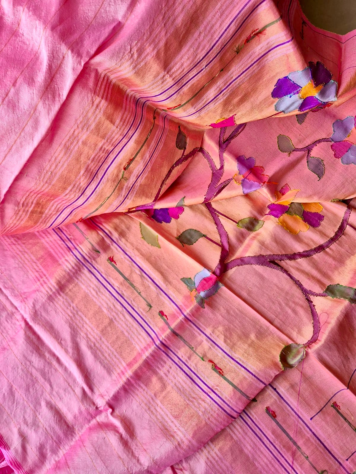 Vibrant Golden and Pink Handloom Paithani Tissue Silk Dupatta