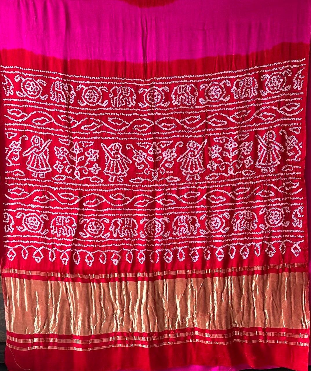 Vibrant Pink and Red Circular Theme Pure Gajji Silk Bandhani Saree