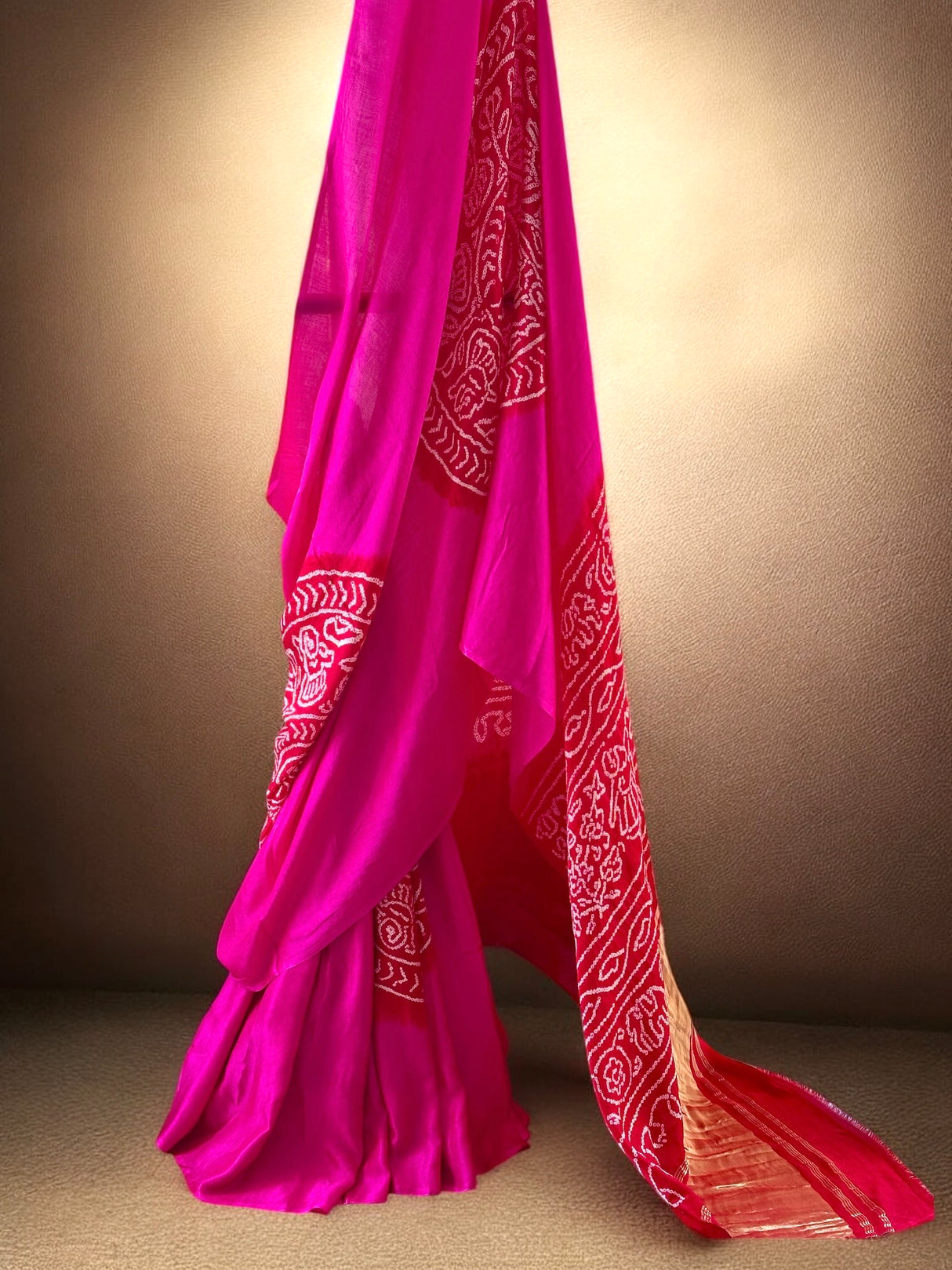 Vibrant Pink and Red Circular Theme Pure Gajji Silk Bandhani Saree