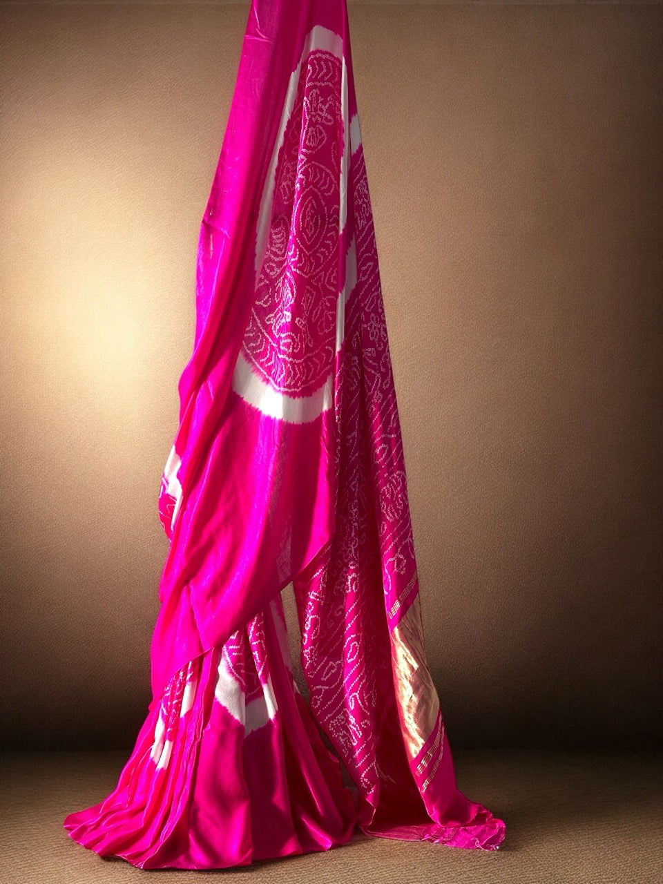 vibrant-pink-circular-theme-pure-gajji-silk-bandhani-saree