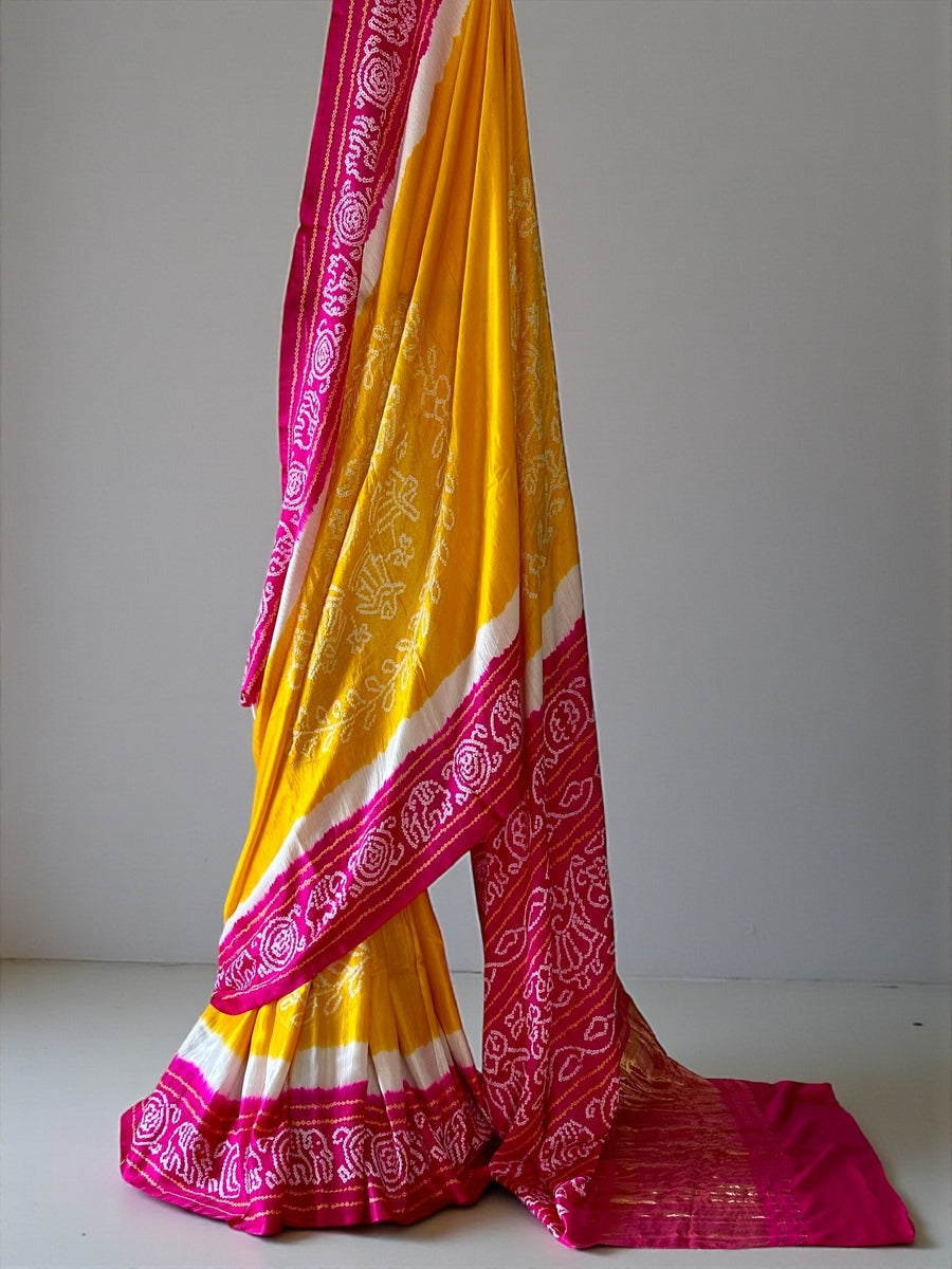 vibrant-pink-yellow-gajji-silk-bandhani-saree