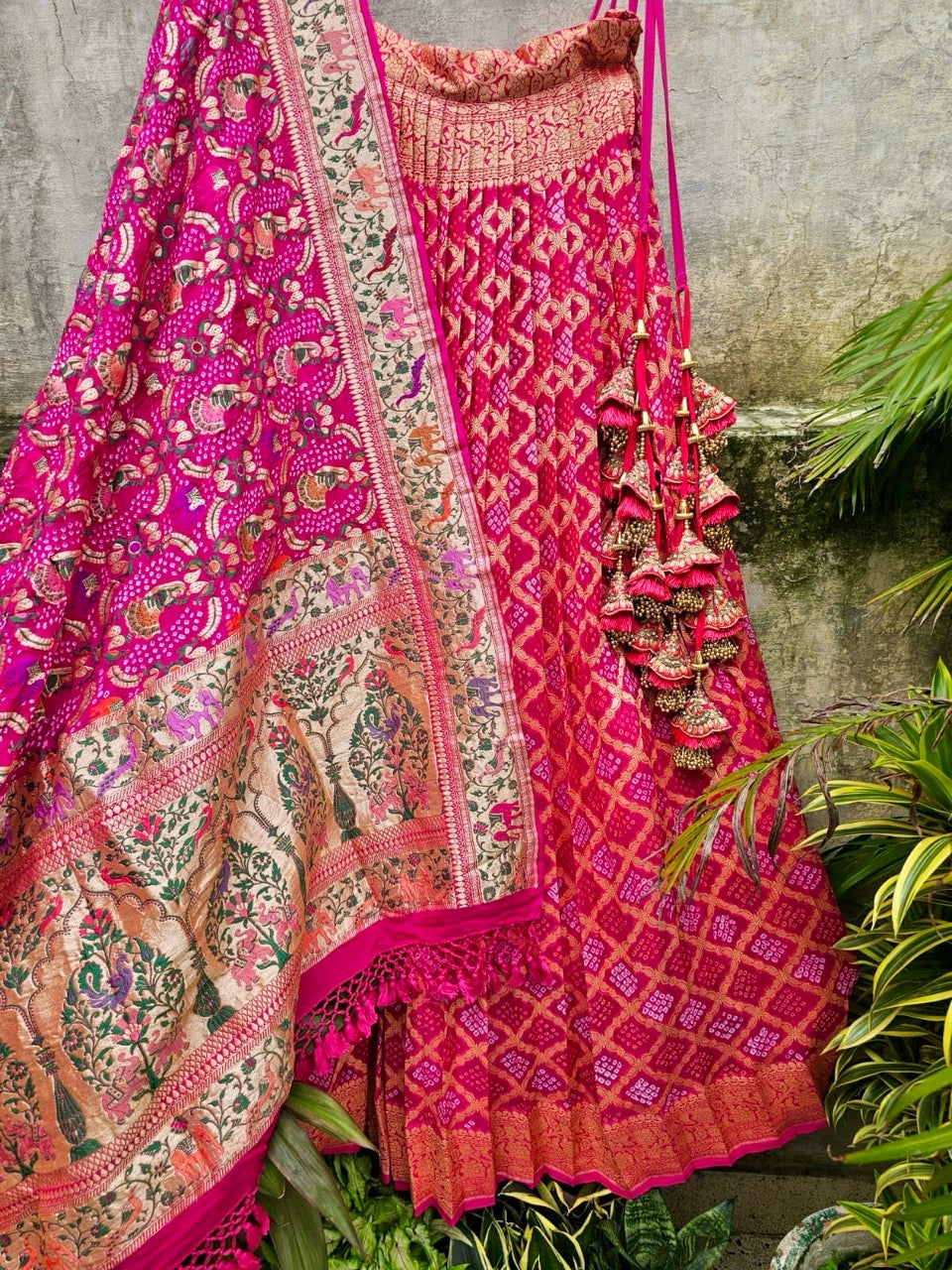 Vibrant Rani Pink Pure Banarsi georgette Bandhani Lehenga with Meenakari Dupatta
