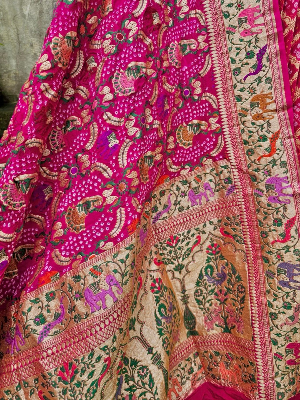 Vibrant Rani Pink Pure Banarsi georgette Bandhani Lehenga with Meenakari Dupatta