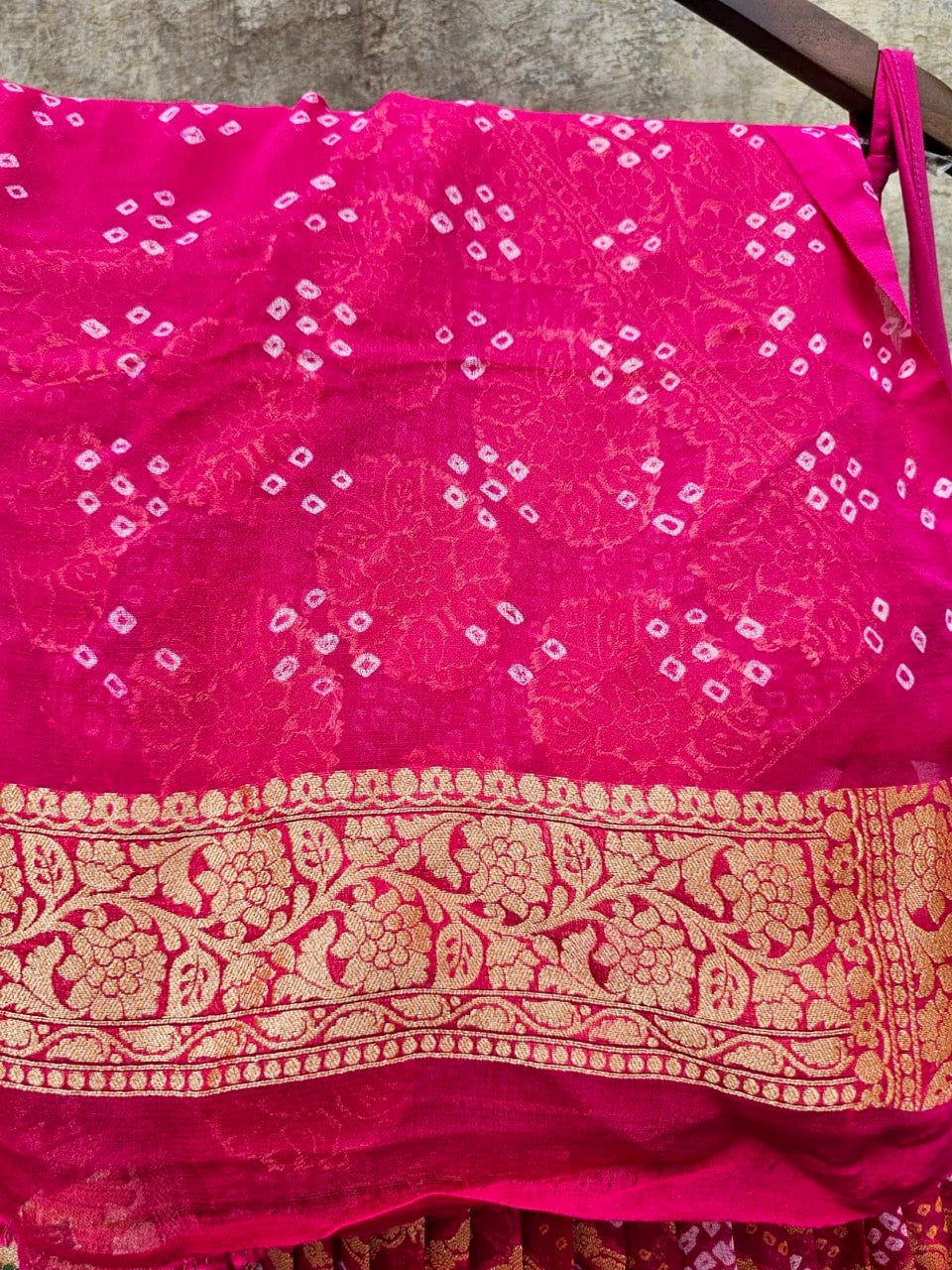 Vibrant Rani Pink Pure Banarsi georgette Bandhani Lehenga with Meenakari Dupatta