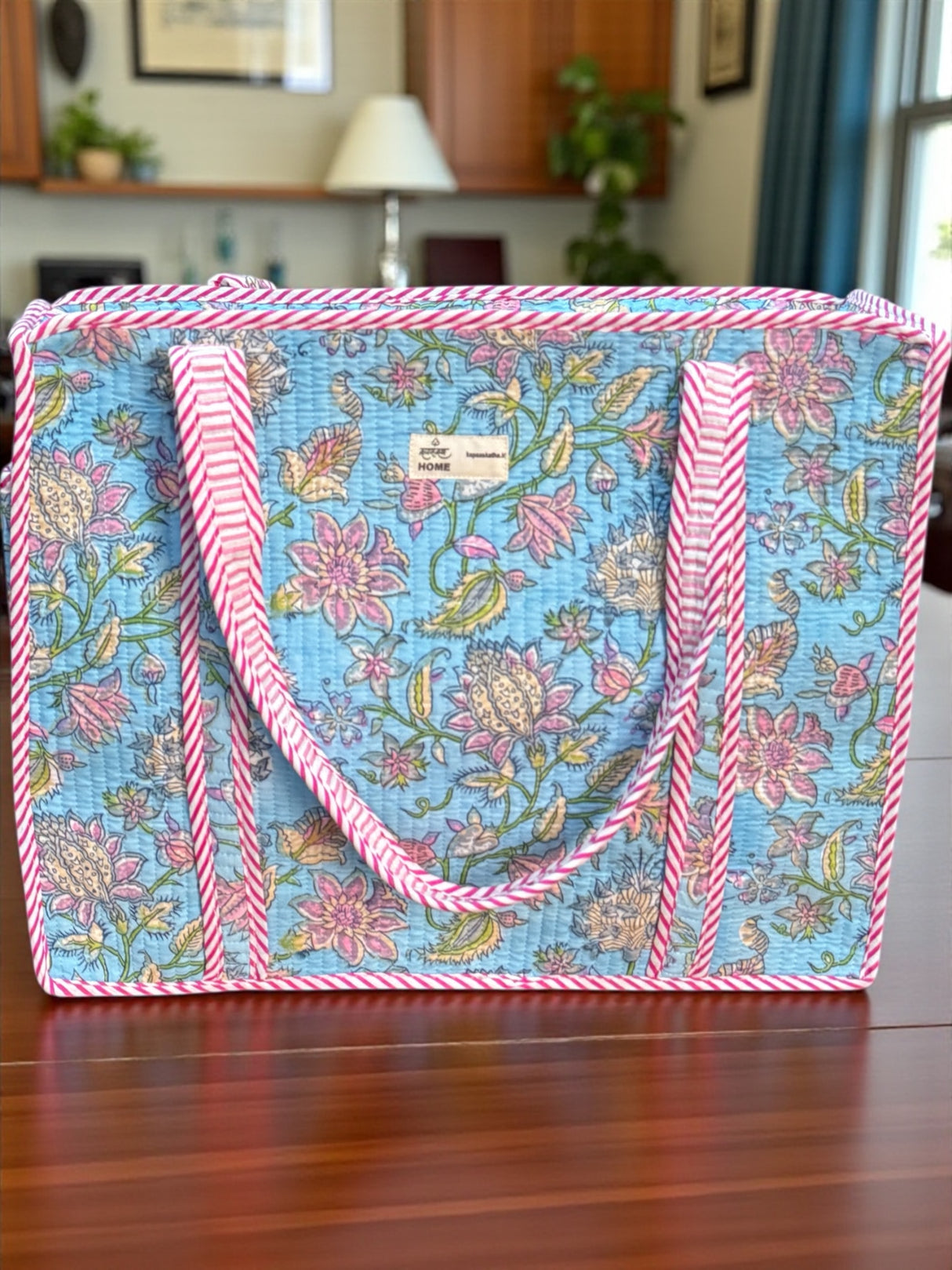 vibrant-sky-blue-pink-floral-block-print-handcrafted-tote-bag-style