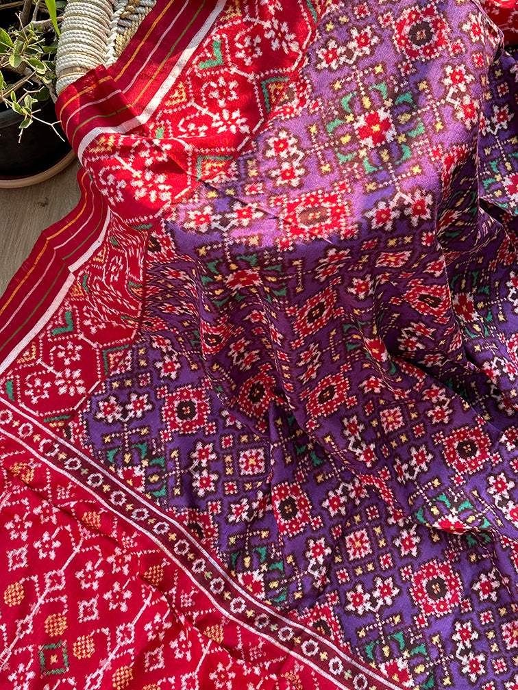 Purple and Red Navratna Theme Pure Silk Double Ikat/Patan Patola Dupatta