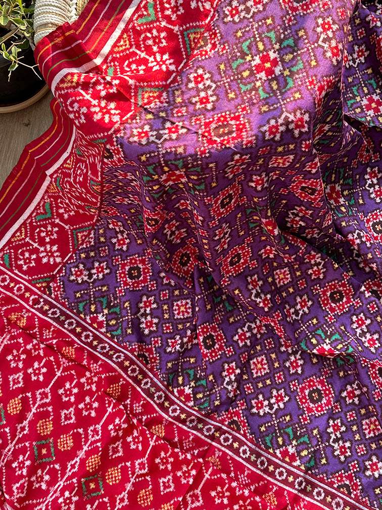 Purple and Red Navratna Theme Pure Silk Double Ikat/Patan Patola Dupatta
