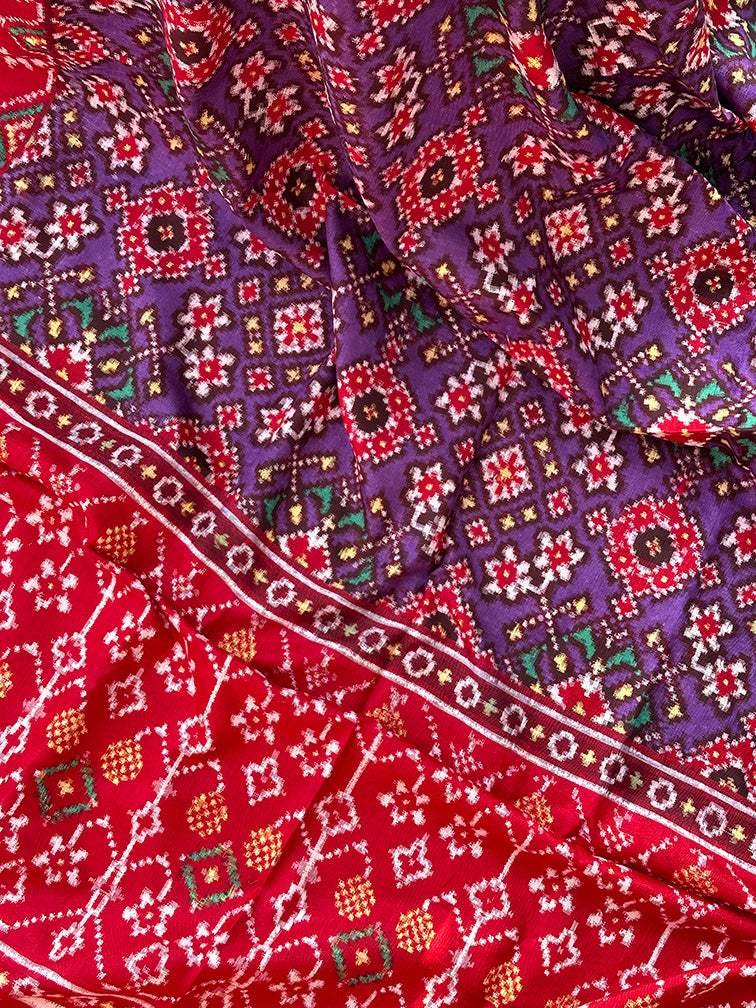Purple and Red Navratna Theme Pure Silk Double Ikat/Patan Patola Dupatta