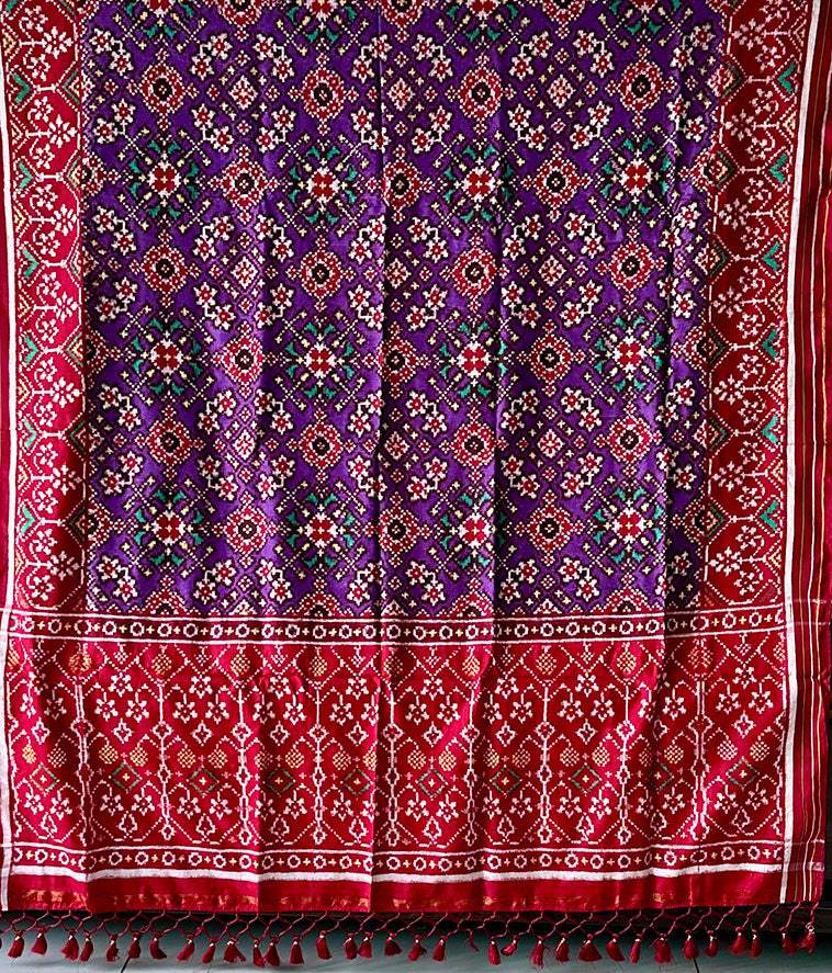 Purple and Red Navratna Theme Pure Silk Double Ikat/Patan Patola Dupatta