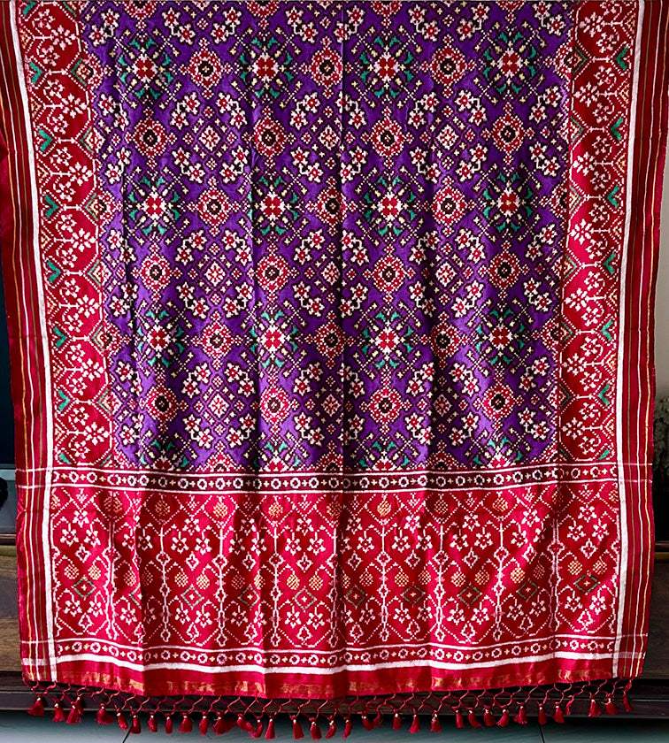 Purple and Red Navratna Theme Pure Silk Double Ikat/Patan Patola Dupatta